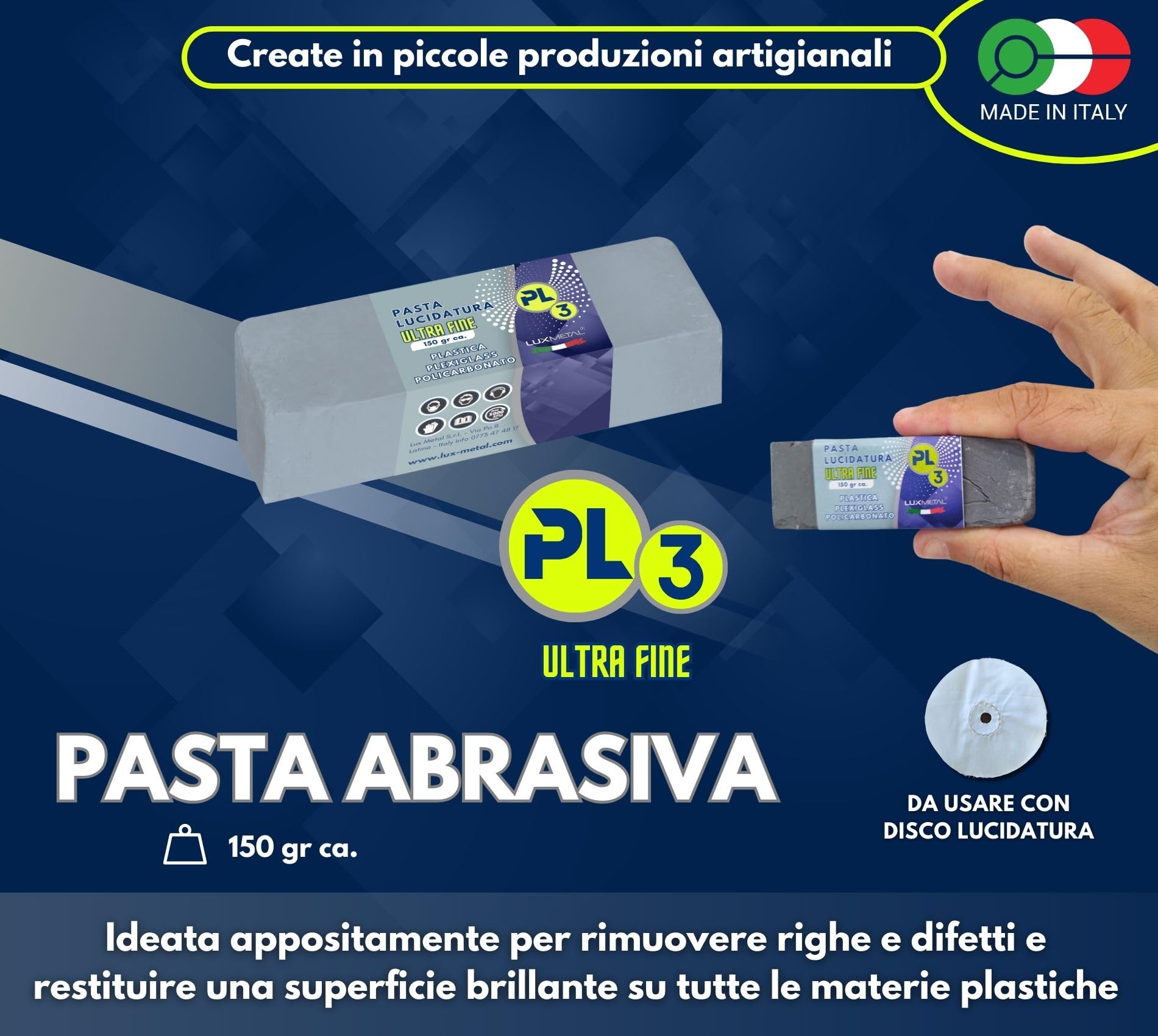 Lux Metal - Pasta Abrasiva per Plastica PL3 150 gr Ultra Fine Lucidare Plexiglass Trasparente Lucidatura Plastica Policarbonato Rimuovi Graffi Plastica pasta abrasiva plexiglass Rinnova Fari Auto