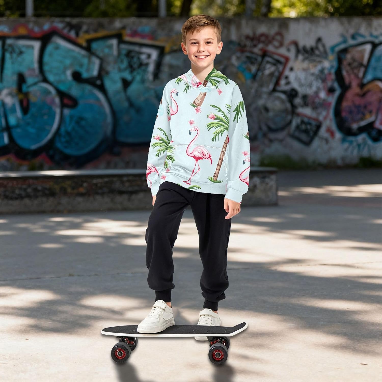 ZZXXB Flamingo Tree Flowers Kids Sweatshirts Boys Girls Hooded Kangaroo Pocket Pullover Tops XS-XXL