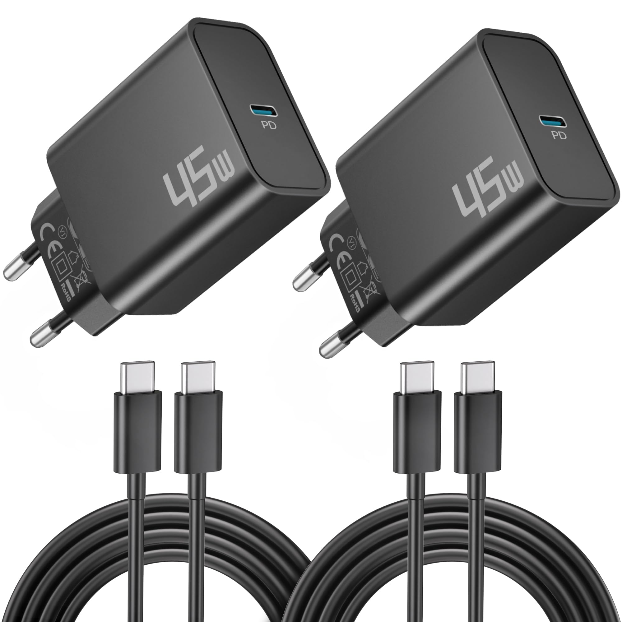 45W USB-C Schnellladegerät Schnellladekabel für Samsung Galaxy S26 S25 S24 S23 S22 FE Ultra Edge, A56 A55 A54 A53, Tablet, Ladegerät USBC Netzteil Adapter + Original 60W 2M Typ C Ladekabel 2-Pack