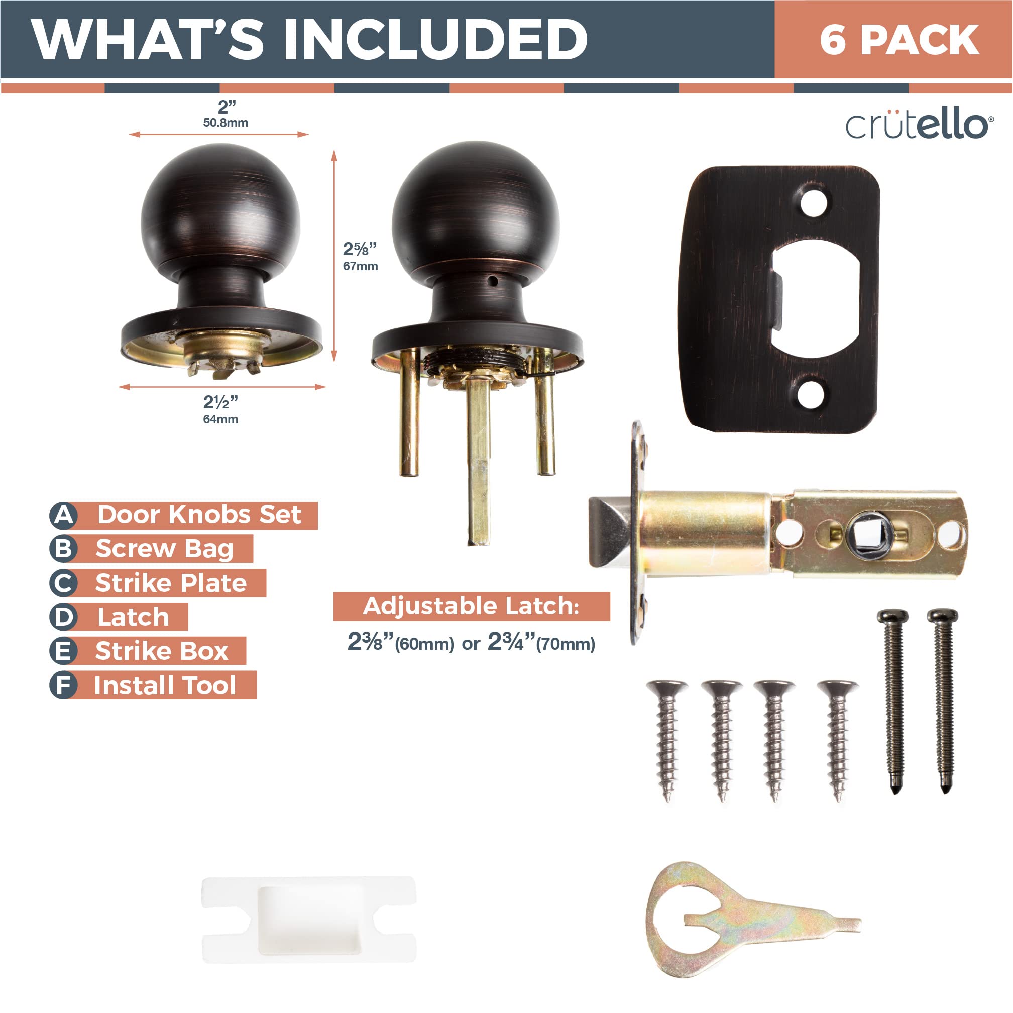 Crutello Passage Door Knob for Hall and Closet - Ball Style, Oil Rubbed Bronze Interior Keyless Non Locking Indoor Doorknob, Round Door Handle, Oil Rubbed Bronze, 6 Pack