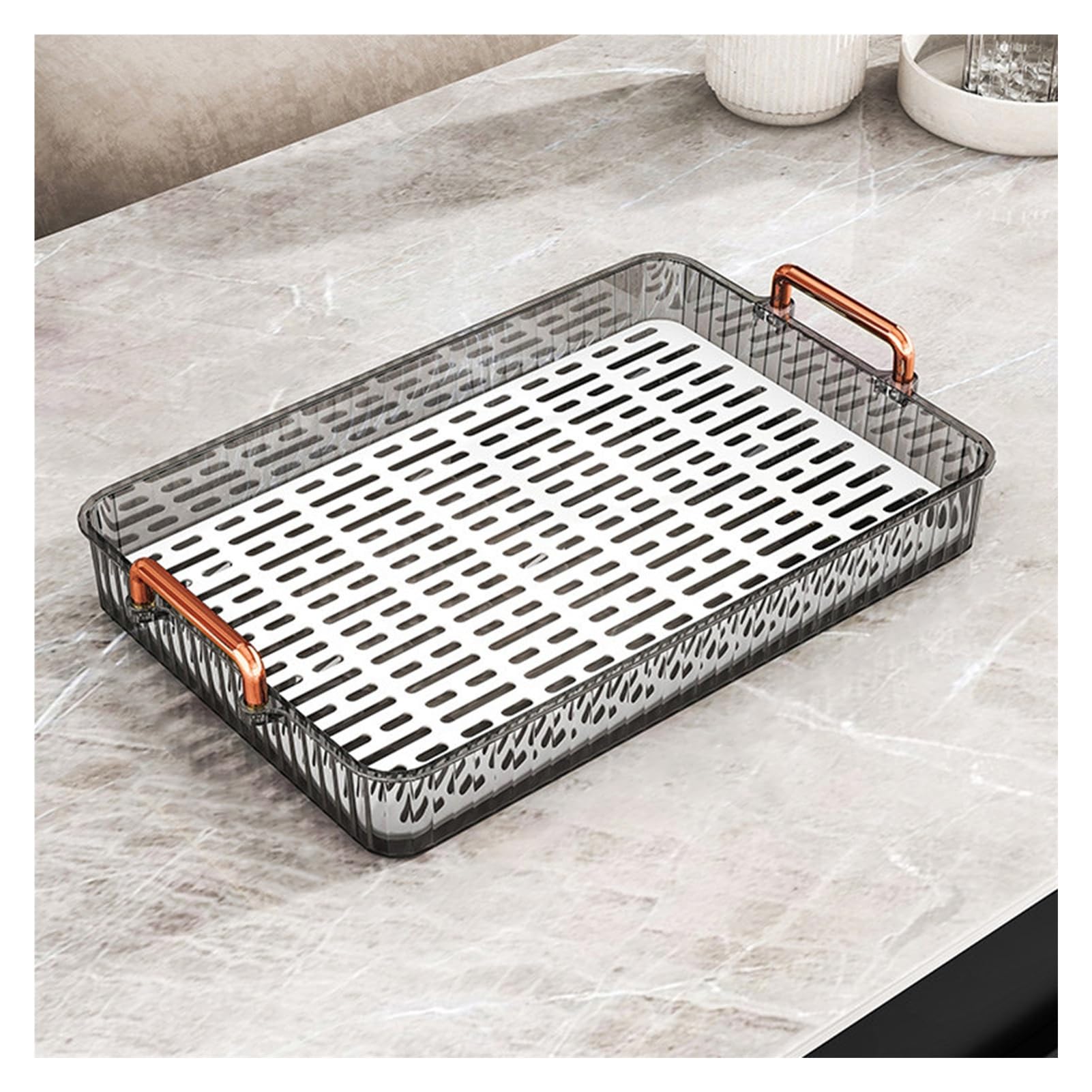 PET Tray,Rectangular Fruit,Removable Drain Mesh,Gold-plated Handle,Suitable for Living Room and Dining(Color1)