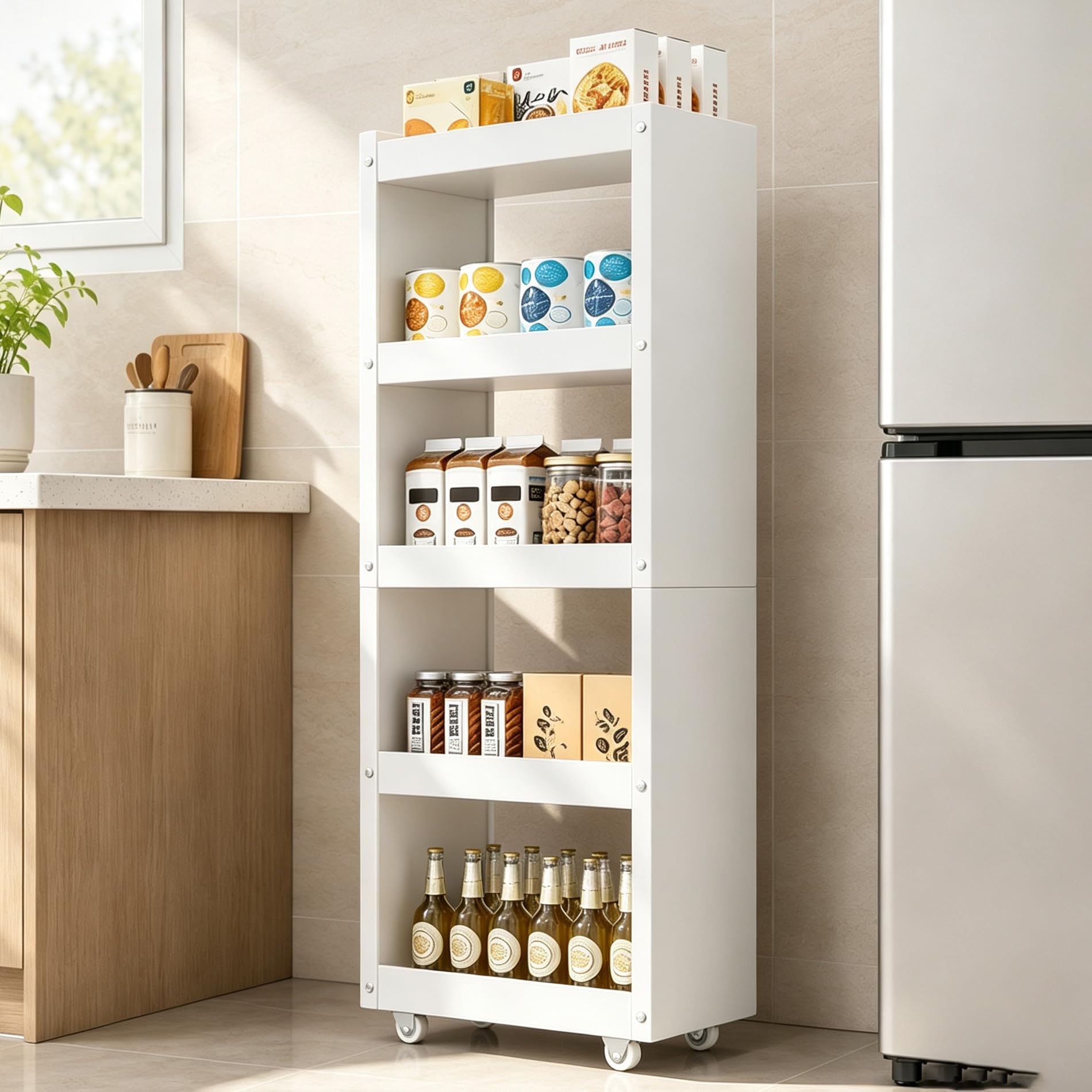 Organizador de despensa de 5 niveles carrito blanco delgado con ruedas para cocina de 18x4x52in