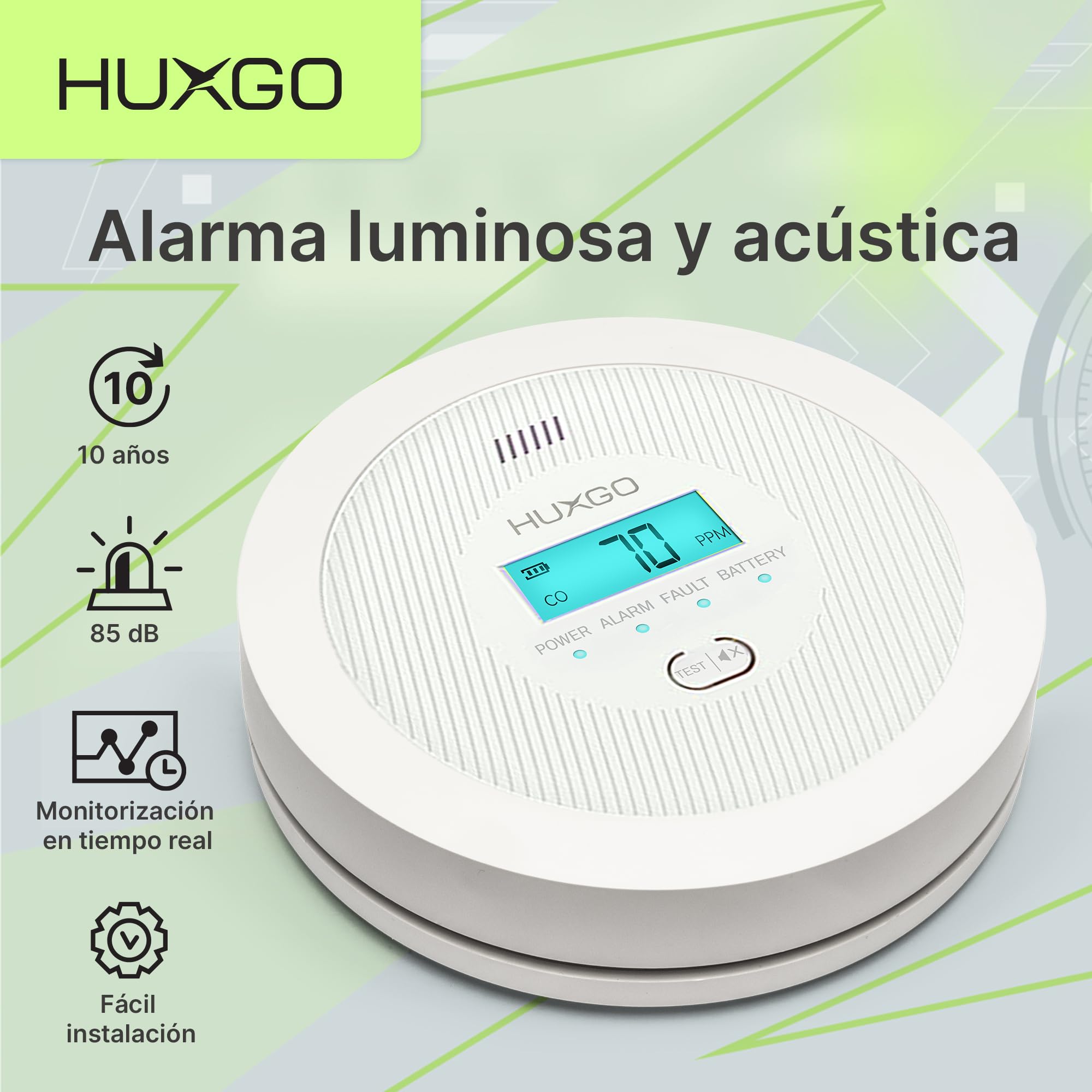 Detector Monoxido de Carbono HXAC01 | Sensor CO de Alta Precisión, Pantalla LCD Retroiluminada | Alarma de CO a Pilas para el Hogar