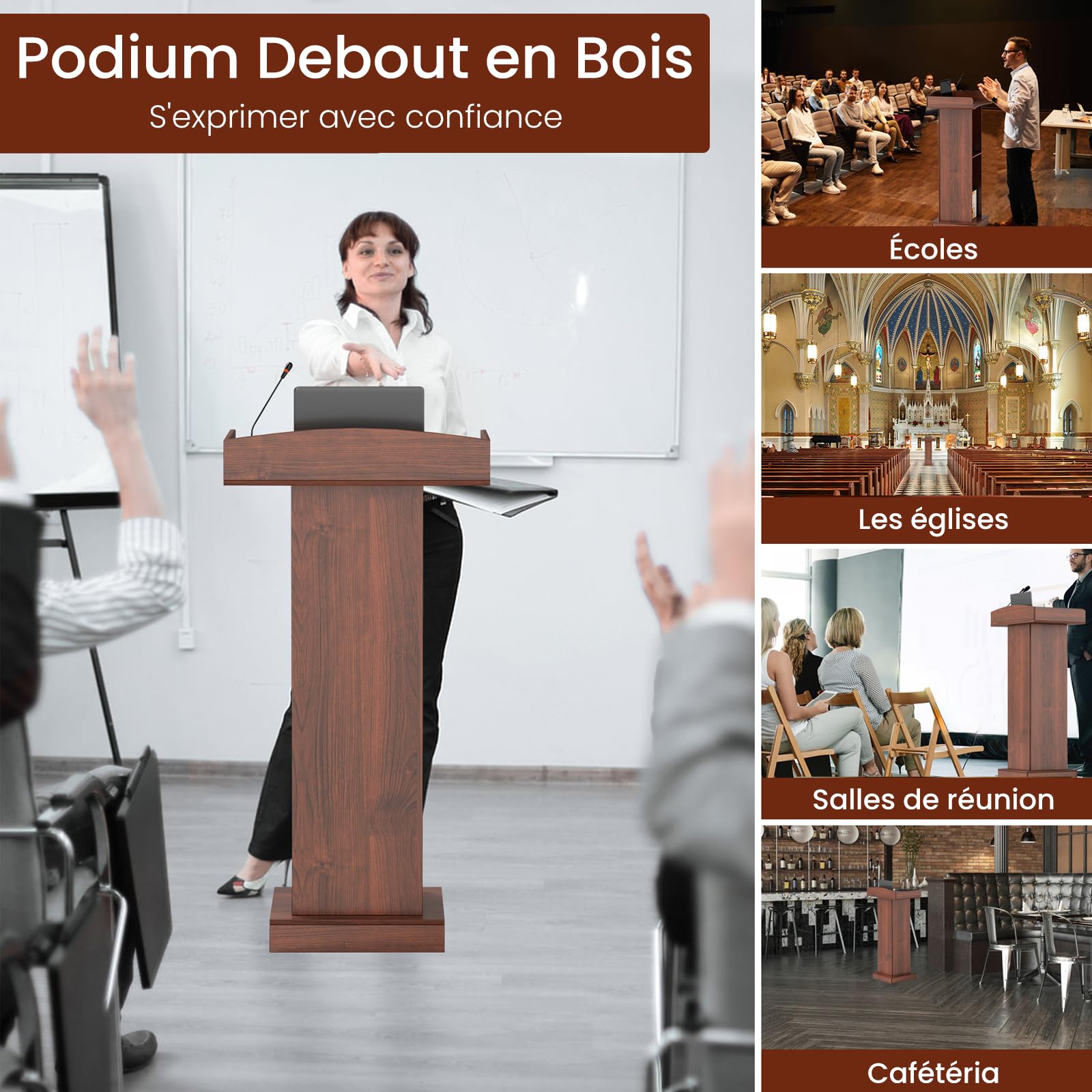 uyoyous Podium Debout en Bois, Pupitre Table Debout Chaire D'église Pupitre Portable pour Salle de Classe de Bureau, Salle à Manger Réception, 60cm x 40cm X120cm