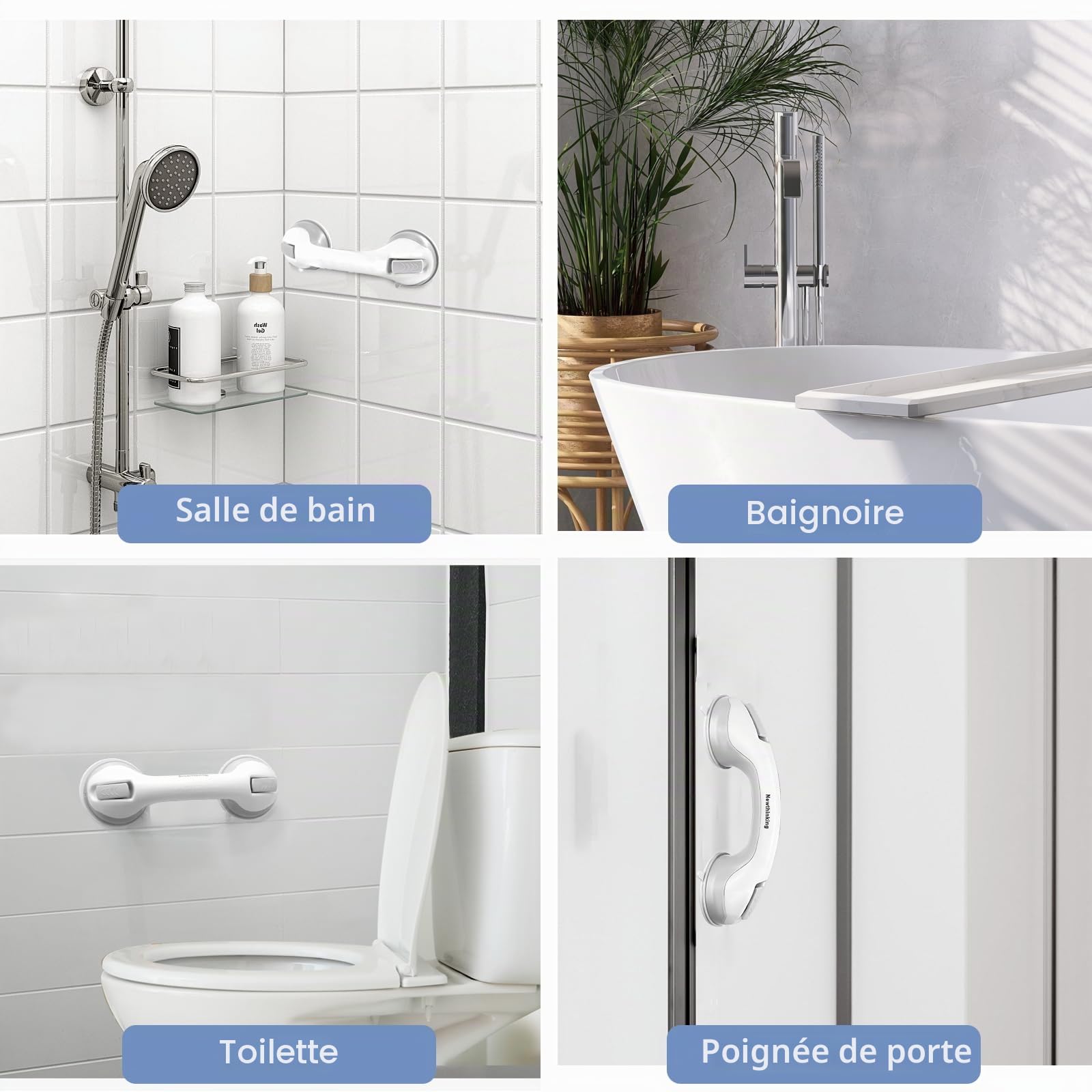 Newthinking Poignée Ventouse, Barre d'appui Douche, 30 cm, 2 Pièces | Poignée douche sécurité ventouse, antidérapant, sans perçage. Pour personnes âgées, handicapés, enfants