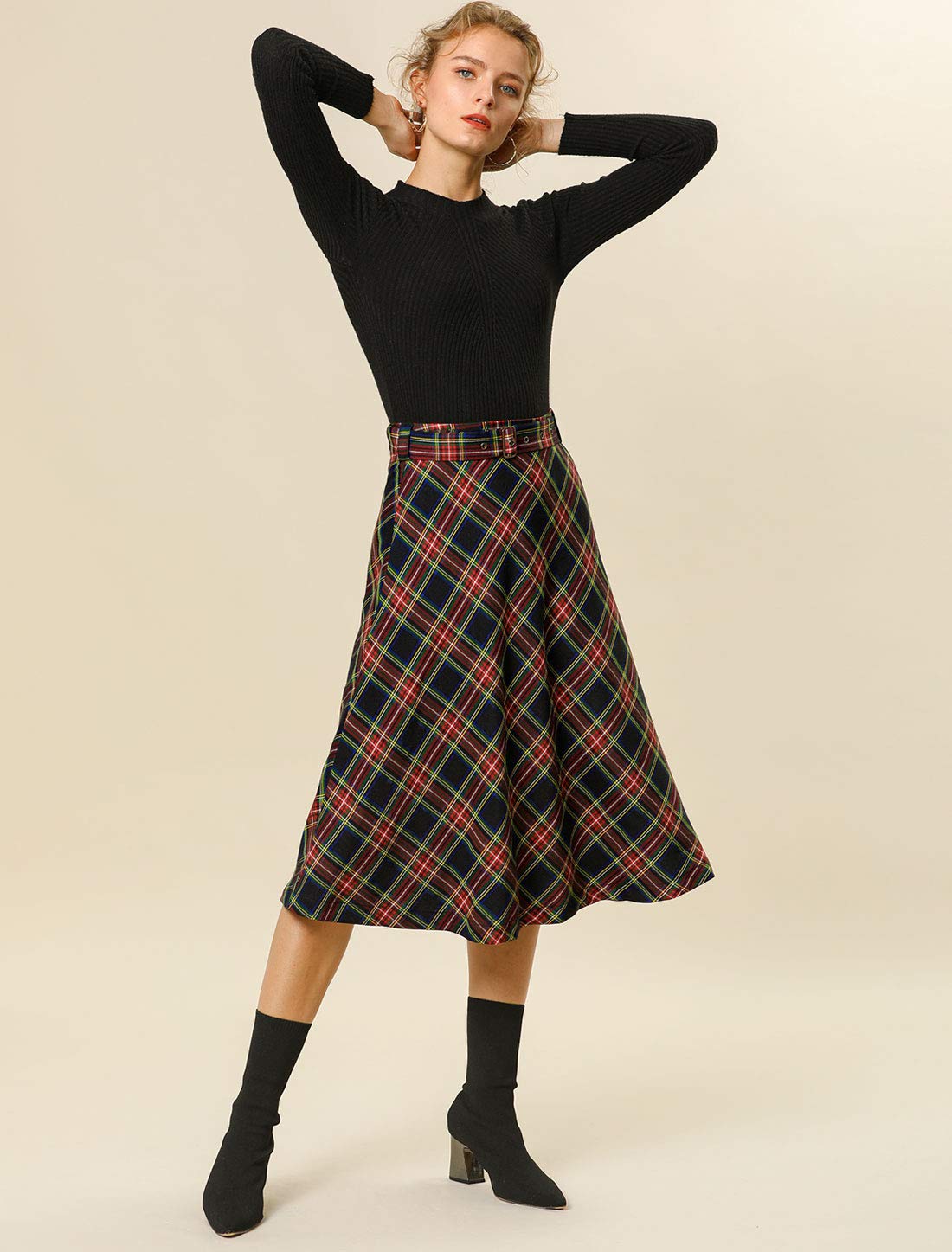 Allegra K Tartan Plaid High Waist Midi Skirt A-Ligne Femme (Lot de 1)
