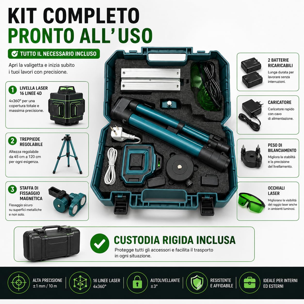 Livella Laser 4D Autolivellante 360° con 16 Linee Verdi, Sistema di Allineamento 3° Automatica, 2 Batterie Incluse, Supporto Girevole, Treppiede Regolabile fino a 1,2m, Telecomando e Valigetta