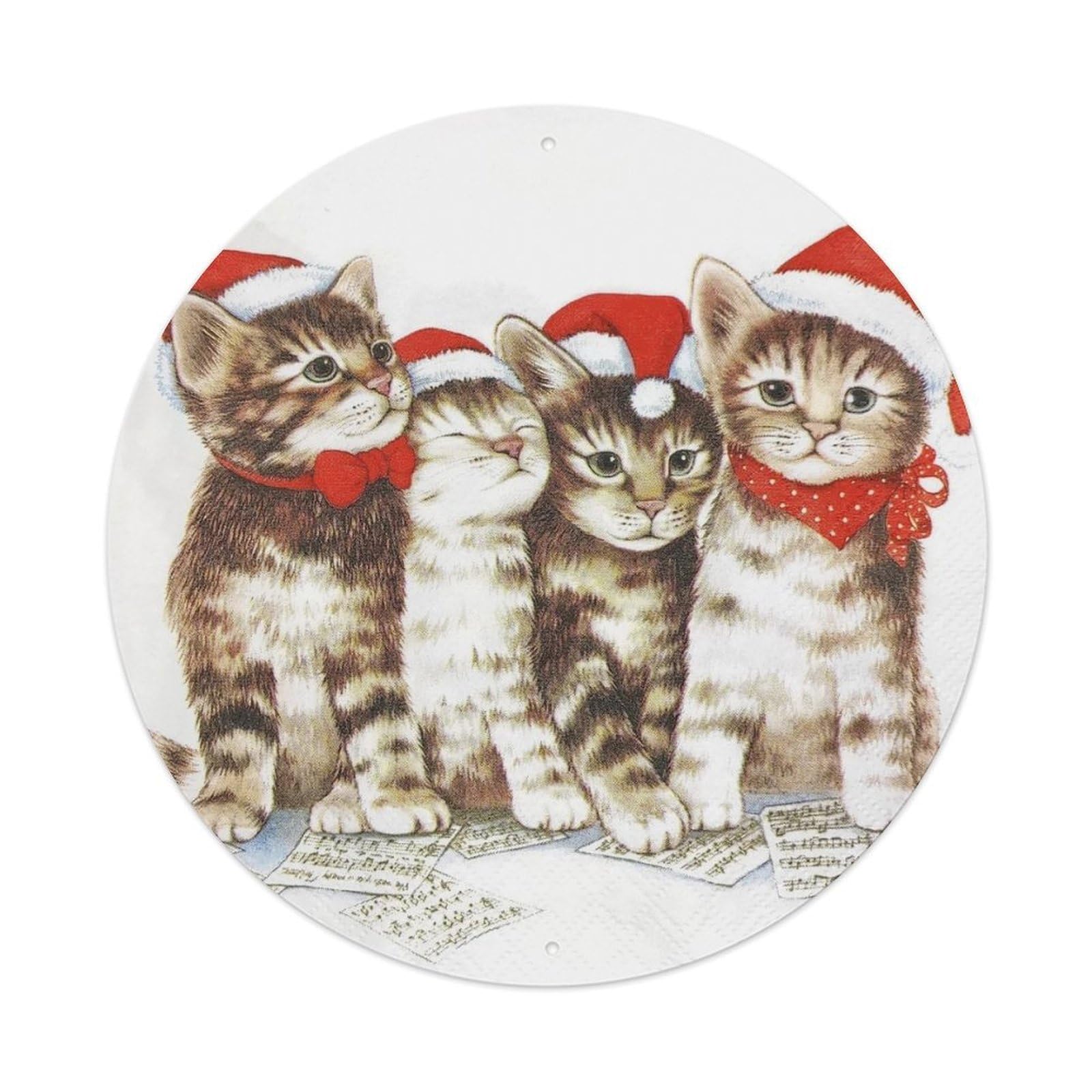 Cute Animals Four Christmas Tabby Kitten Cats Vintage Metal Tin Sign Plaque Wall Decor for Cafe, Club, Garden Round Metal Poster 8x8Inch