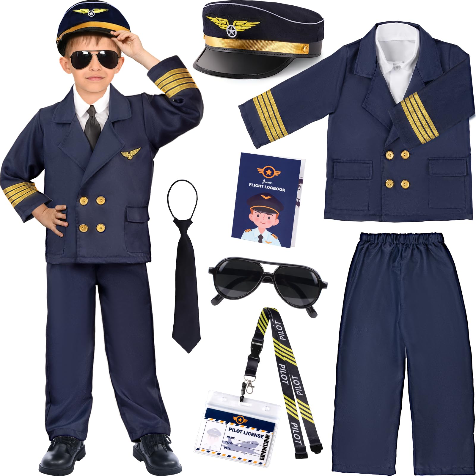 Latocos Pilot Aviator Costume for Kids Boys Ages 3-12 Airline Captain Uniform Career Day Dress Up Birthday Halloween Cosplay