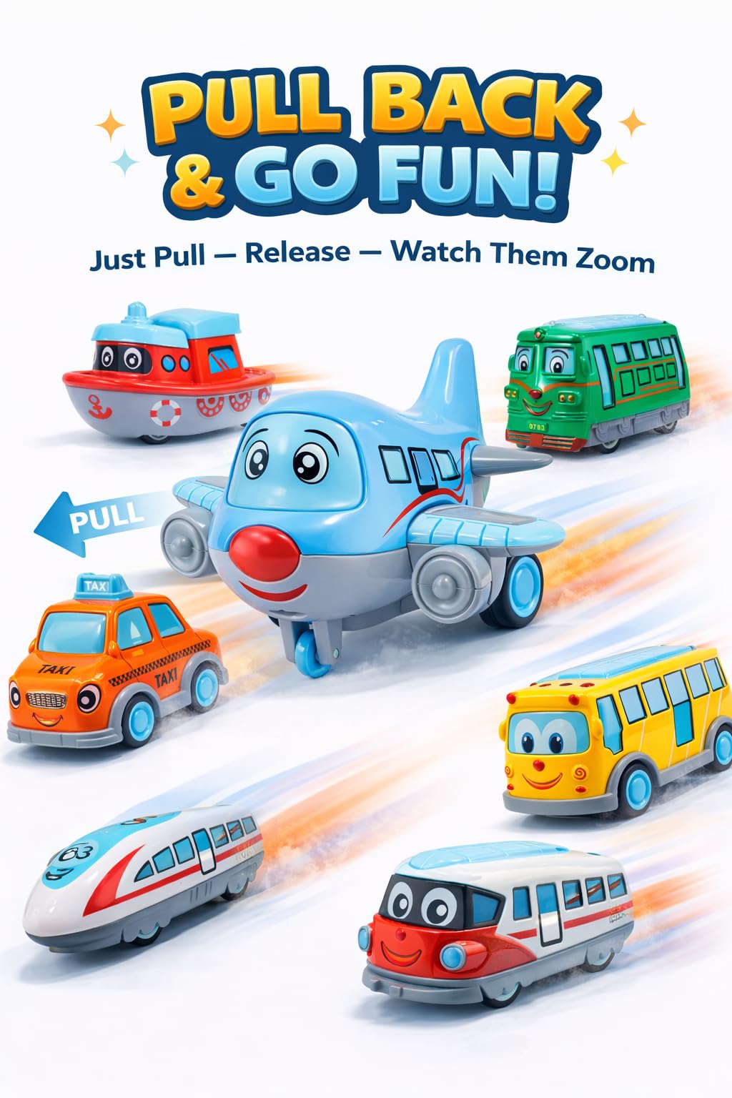 PB Prime Brands Cute Metal Die Cast Pull Back Vehicles Toy Cars Play Set for Toddlers - Alloy Mini Airplane, Taxi, 2 Bus, Boat & Train - Smooth Pull Back Action Metal Toys for Kids 1