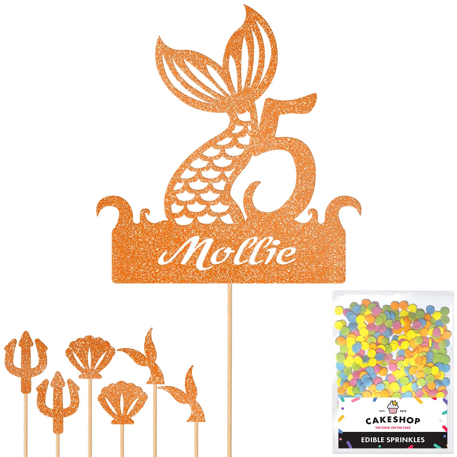 Personalised Birthday Mermaid Tail Glitter Cake Topper- Orange Any Custom Age & Name Glitter Cake Decoration and Sprinkles - Happy Birthday Decorations - Personalised Toppers for Cakes by Cakeshop — image 1