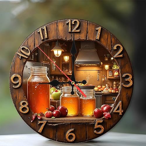 Reloj de pared rústico de madera con manzanas y miel para decoración de pared, de 10 pulgadas, movimiento silencioso, funciona con pilas AA no