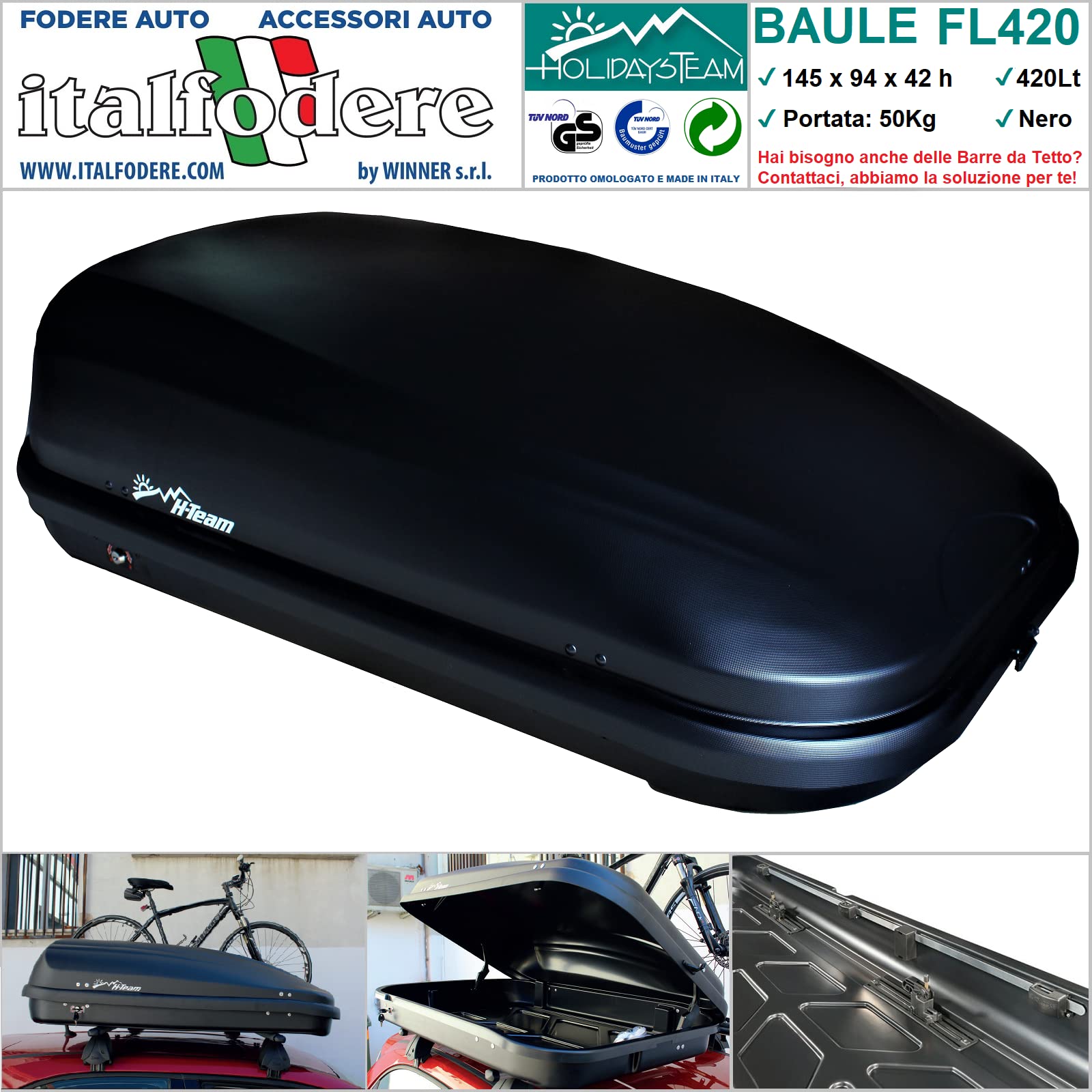 Box Tetto Auto 420L - Nero - Portapacchi - Portasci Universale - 145x94x42 cm - Portata 50Kg - Baule Portabagagli - Siluro Portatutto Auto Tetto - Omologato - Apertura Laterale - Barre Compatibili