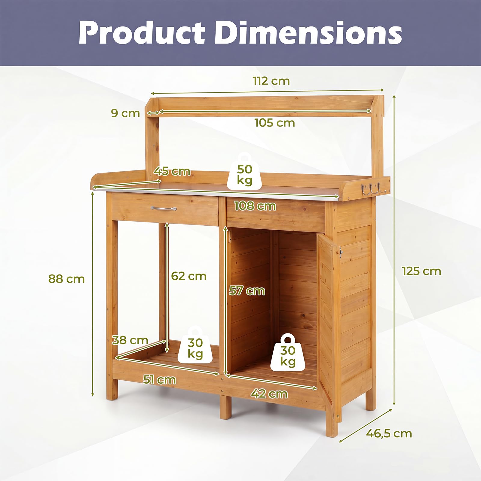 RELAX4LIFE Table de Rempotage en Bois 125CM, Table de Jardinage (Naturel) | avec Plateau Ouvrable en Métal, Étagères Tirroir Armoire Ouverte 3 Crochets, Plan de Travail pour Terrasse Jardin Porche