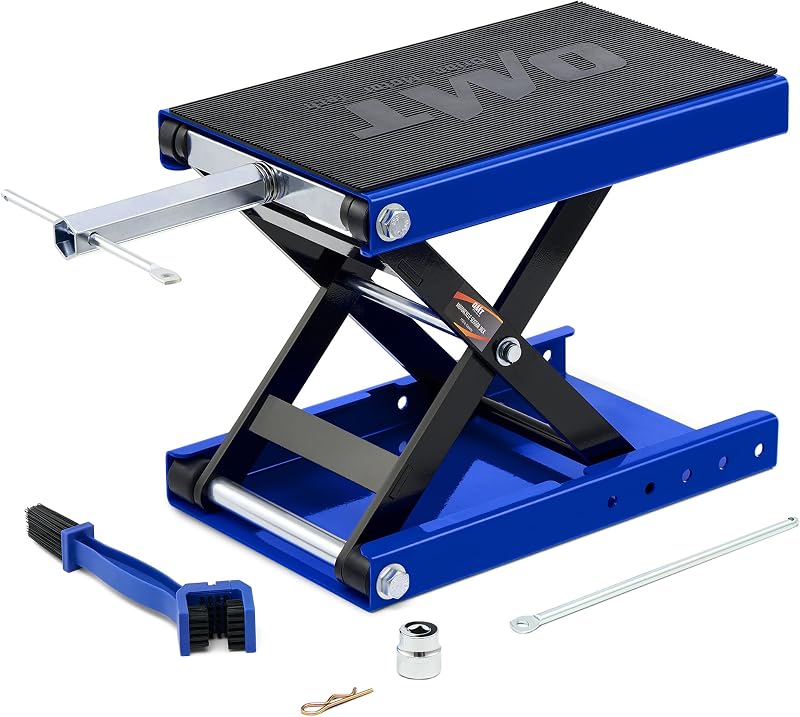 OMT Gato elevador de tijera para motocicleta de 1100 lb, soporte de elevación para motocicleta de cubierta ancha | Soporte central para ATV Dirt Bike Cruiser; Mango en T y casquillo de 3/8 de pulgada; elevación de 3,7 a 14,6 pulgadas; 5 orificios de bloqueo; Cepillo de cadena