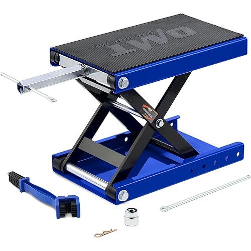Orion Motor Tech Motorcycle Lift, 1100lb Motorcycle Scissor Lift Jack with Wide Deck T Handle 3/8" Socket, Motorbike Center Stand with Chain Brush, Crank Hoist Stand for ATV Dirt Bike Cruiser, Blue
