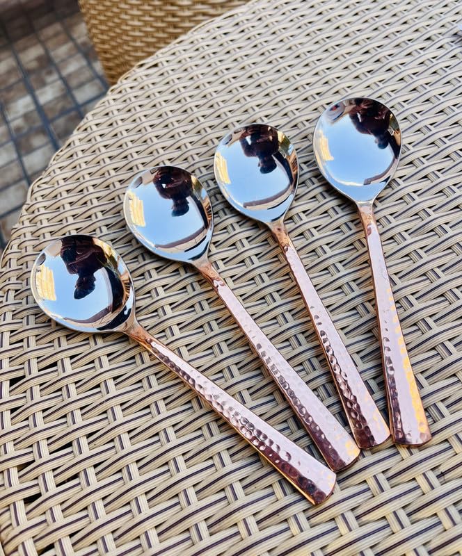 Image of Stainless Steel and Copper Made Serving Spoon Set - Pack of 4 | Metal Kitchen Dining and Cutlery | Steel and Copper Metalic Finish | A Touch of Elegance to Your Dining and Serving