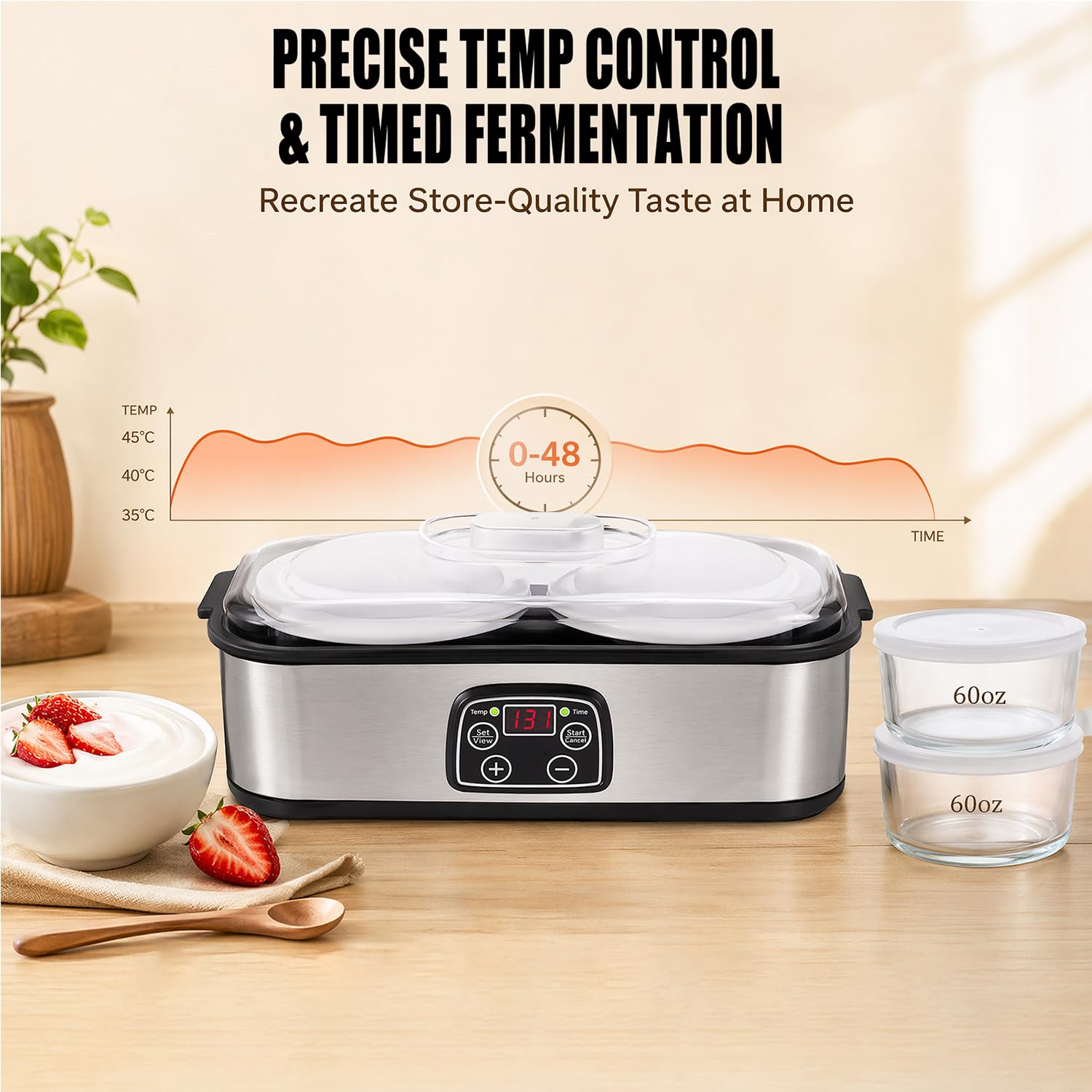 Yogurtiera automatica da 2 l, yogurtiera elettrica con temperatura e timer regolabili, indicatore LED con 2 contenitori in vetro per yogurt biologico, formaggio, natto, vino di riso