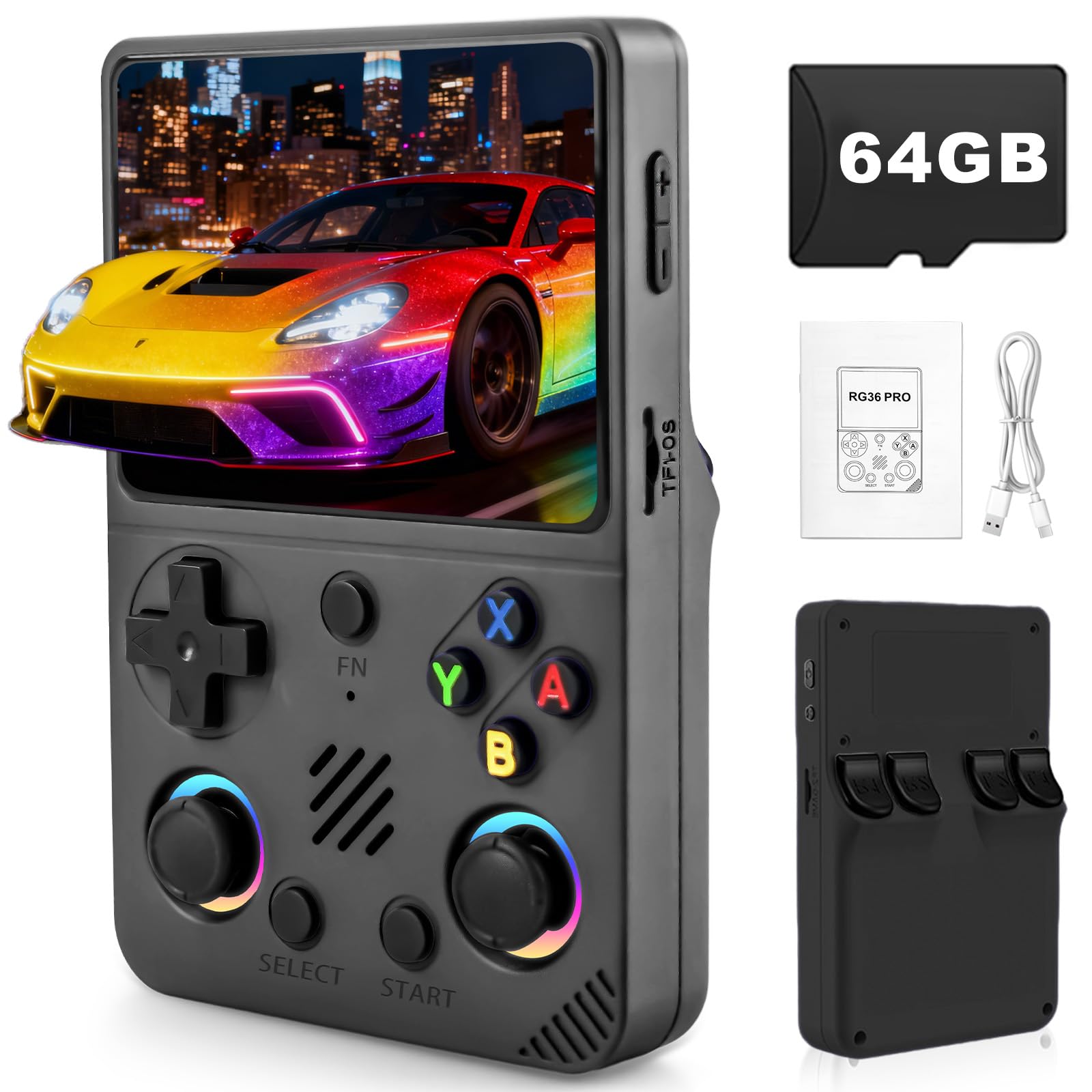 Forlarme RG36PRO Retro Video Game Console-Support 30000+ Classic Games,3.5"IPS Screen,Open Source System,64G TF card,3000mAh Battery,Portable Console for Teen or Partner - Gift for Christmas - Black