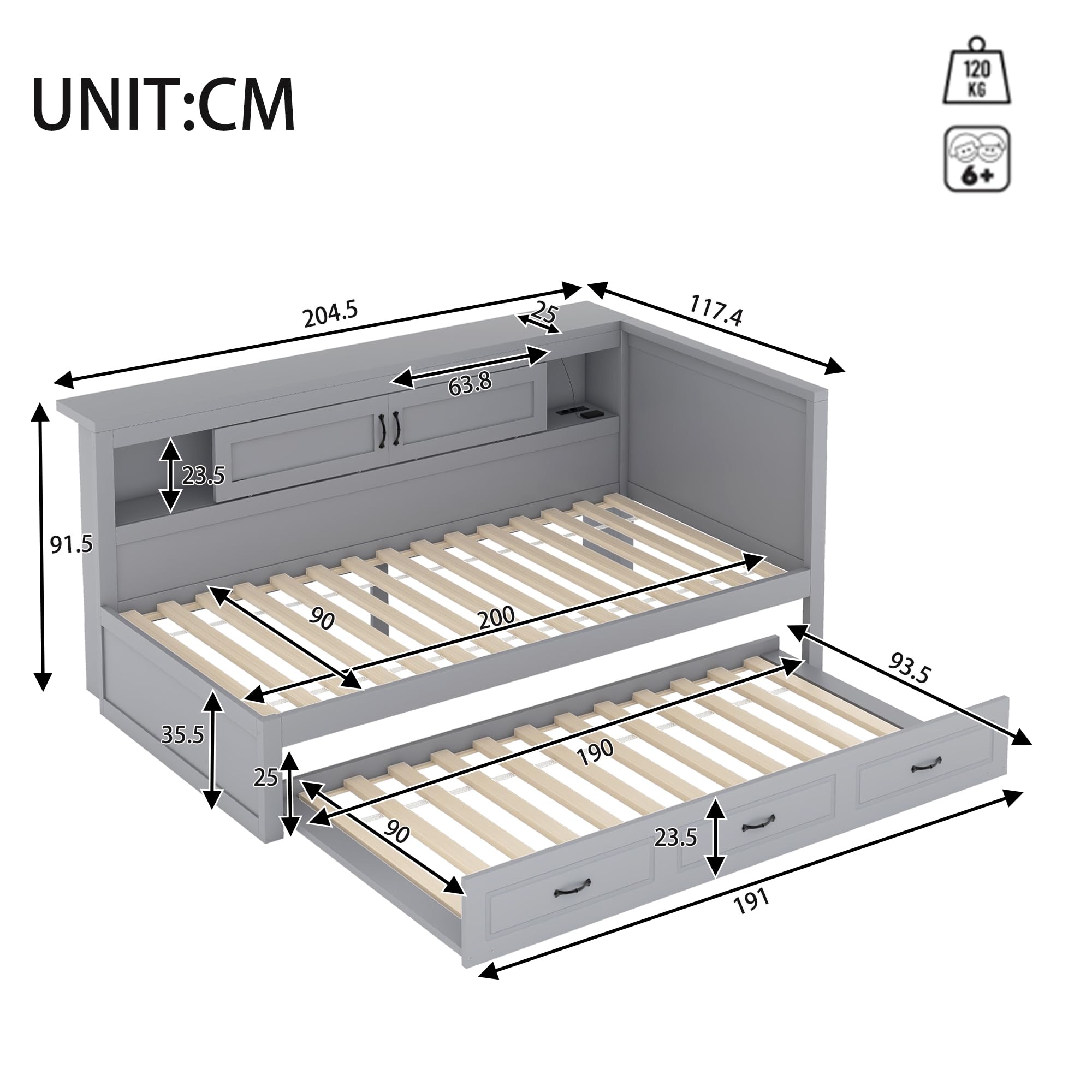 Azkoeesy Letto funzionale, divano letto con letto estraibile, armadio e ante scorrevoli, presa USB, illuminazione a LED, senza materasso (grigio, 90 x 190/200 cm)
