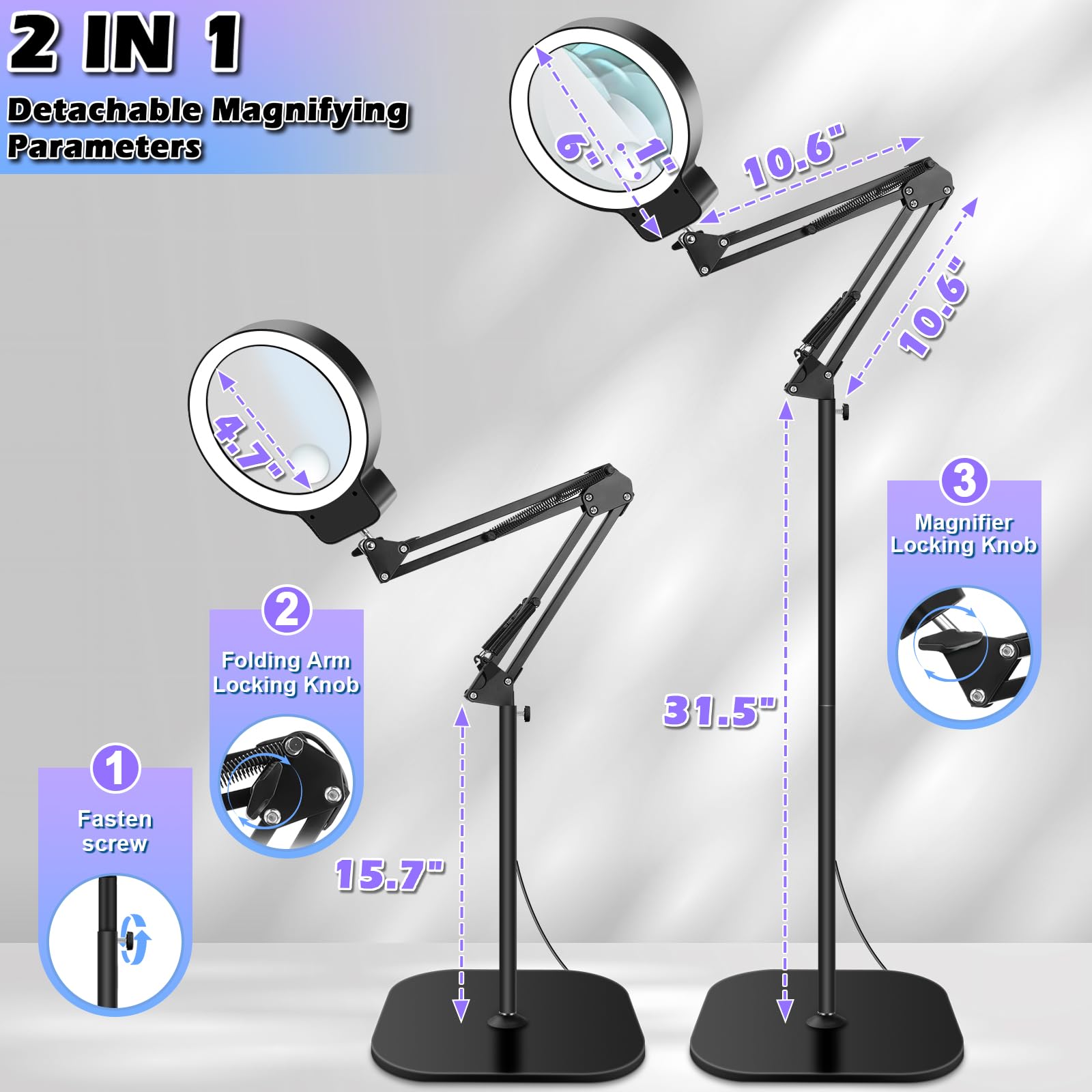 NZQXJXZ 10X 30X Lente Ingrandimento con Luce e Supporto, 2 in 1 Lampada d'Ingrandimento da Pavimento Dimmerabile a 72 LED, Lente di Ingrandimento per Lettura, Lavori Ravvicinati, Hobby