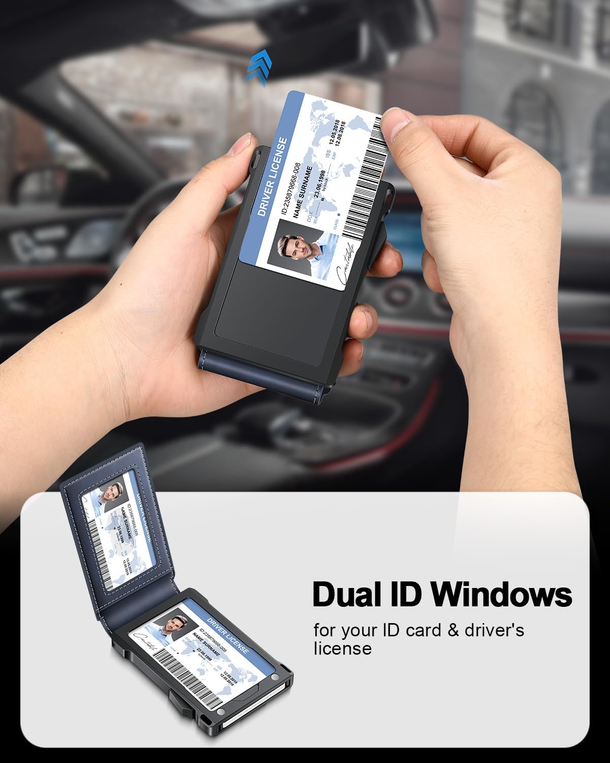 Wallet for Men RFID Wallet with 2 ID Windows & Money Clip, Slim Pop Up Card Holder for 10-12 Cards, Bifold Minimalist Smart Wallet for Front Pocket, Compact Metal Credit Card Holder, Gifts for Men - imagen 7