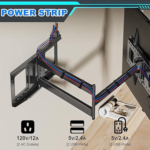 Miniatura 2 de Soporte de pared para TV de brazo largo de 48 pulgadas con regleta de alimentación, soporte de pared giratorio de movimiento completo para pantallas