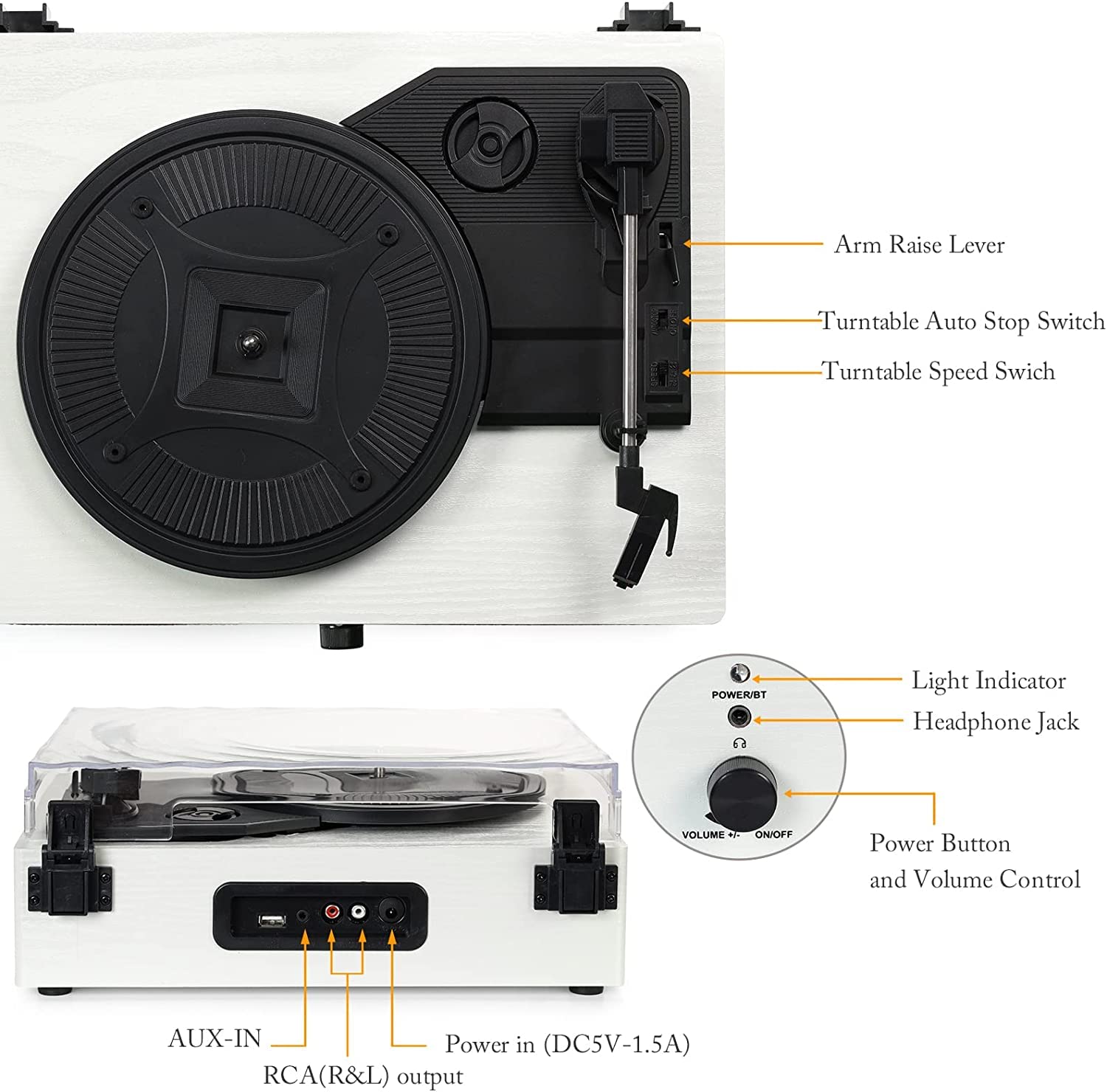 Udreamer Schallplattenspieler, Plattenspieler mit integrierten Lautsprechern und Bluetooth Riemenantrieb, Vintage-Phonograph mit 3 Geschwindigkeiten für Musikgenuss und Heimdekoration Weiß