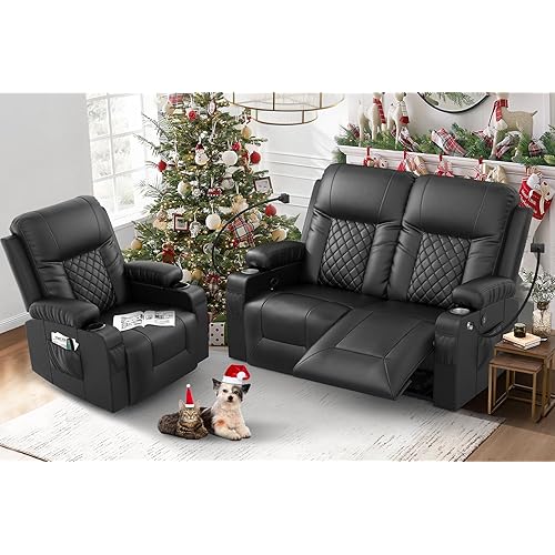 Loveseat Recliner Sofa Set with 2+1 Pieces in Living Room, 2 Seater Reclining Loveseat Leather, 1 Recliner Chair with 360 Degree Swivel Single Sofa Seat