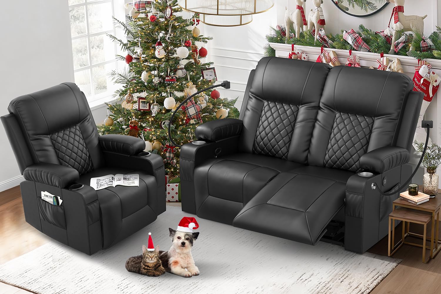 Loveseat Recliner Sofa Set with 2+1 Pieces in Living Room, 2 Seater Reclining Loveseat Leather, 1 Recliner Chair with 360 Degree Swivel Single Sofa Seat