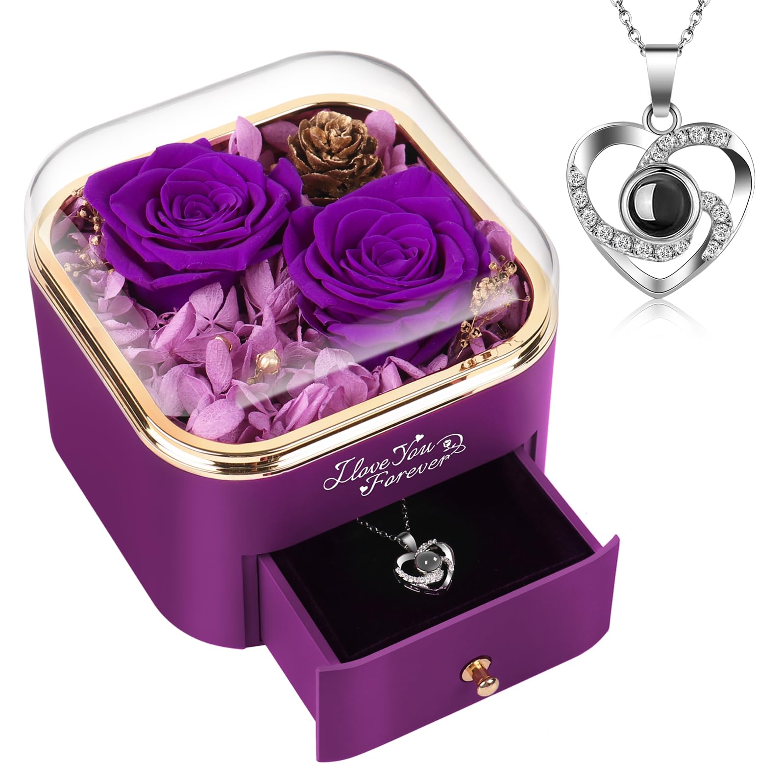DEEMEI Valentines Day Rose Gifts for Her, Preserved Flower Real Forever Rose I Love You Necklace Gifts for Women Mom Wife Girlfriend on Valentines Anniversary Birthday Gifts for Women