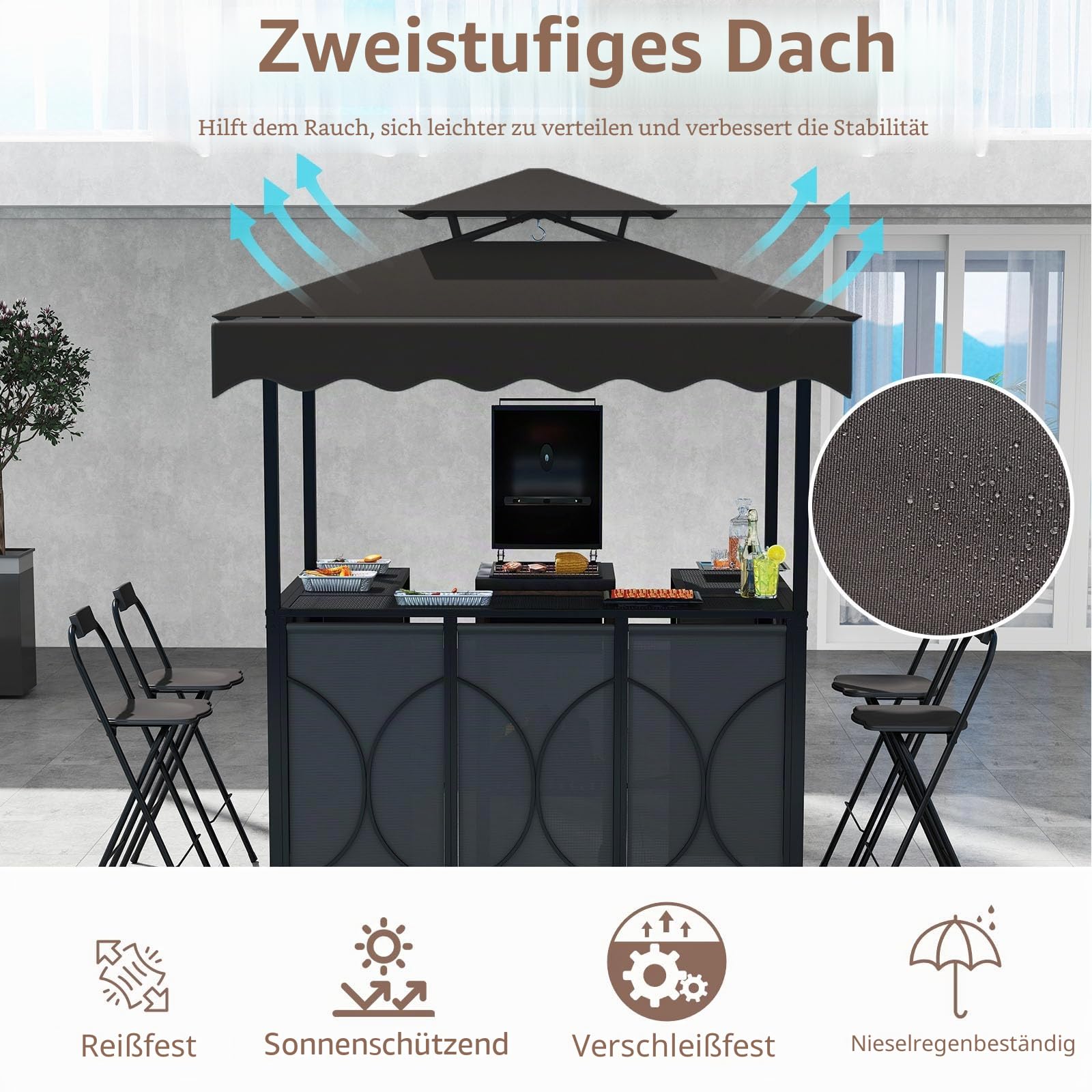 HOMASIS Grillpavillon mit Bartisch und 2 Hockern, strapazierfähiger Outdoor-Pavillon mit Doppeldach, regen- und feuerfeste Pergola (Grau, mit Seitenzelt, 193 x 117 x 240 cm)
