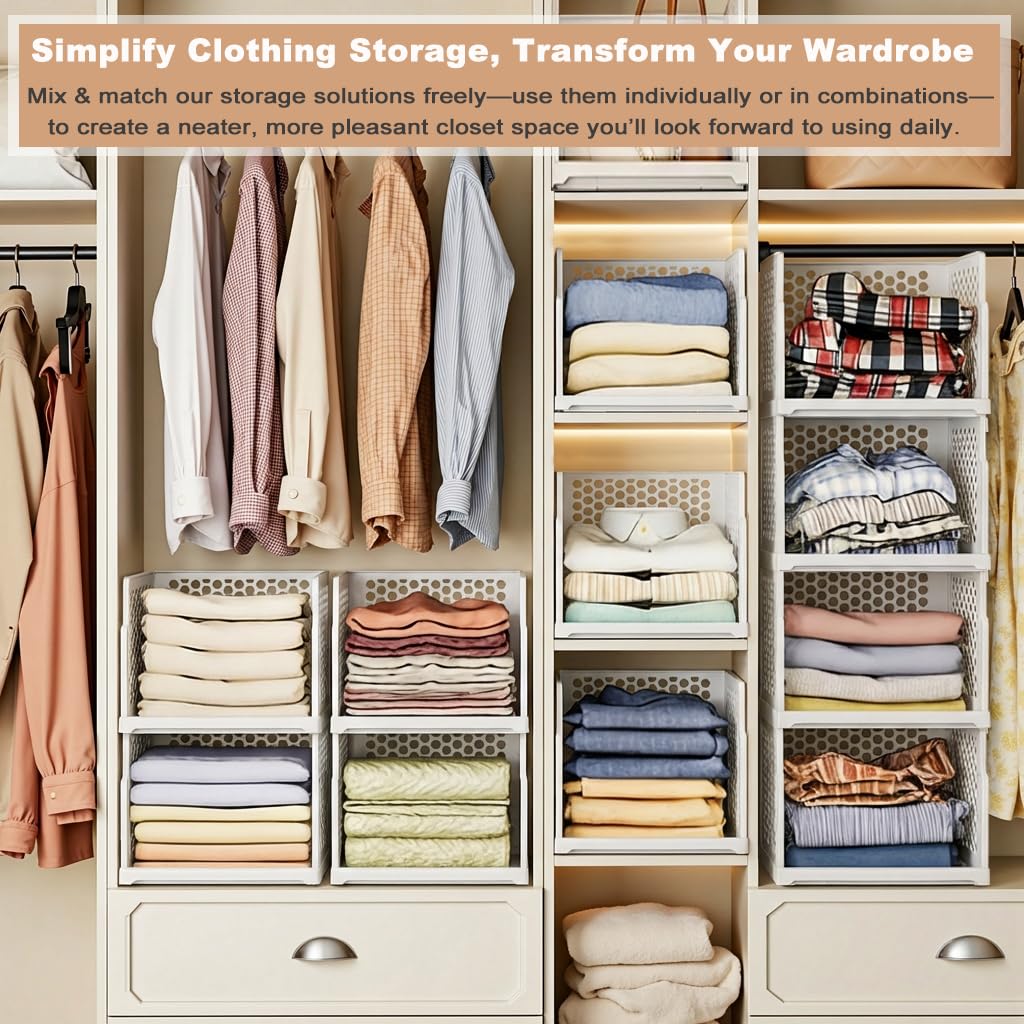 5er Set Neu Schrank Organizer, Faltbar Stapelbar Kleiderschrank Körbe Boxen | Ausziehbare Schublade, Platzsparende Aufbewahrungsbox aus Kunststoff, Aufbewahrungskorb Regal für Schrank, Bad, Küche & Büro