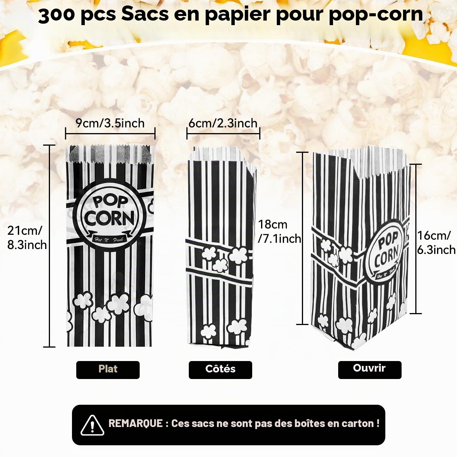 300 Pièces Sachet Pop Corn,Petites Sac Popcorn en Papier Rouge Blanche Rayé,Classique Rétro Snacks Container pour Les Fêtes, Anniversaires, Soirées Cinéma Carnival, Noir & Blanche(21×9×6cm)
