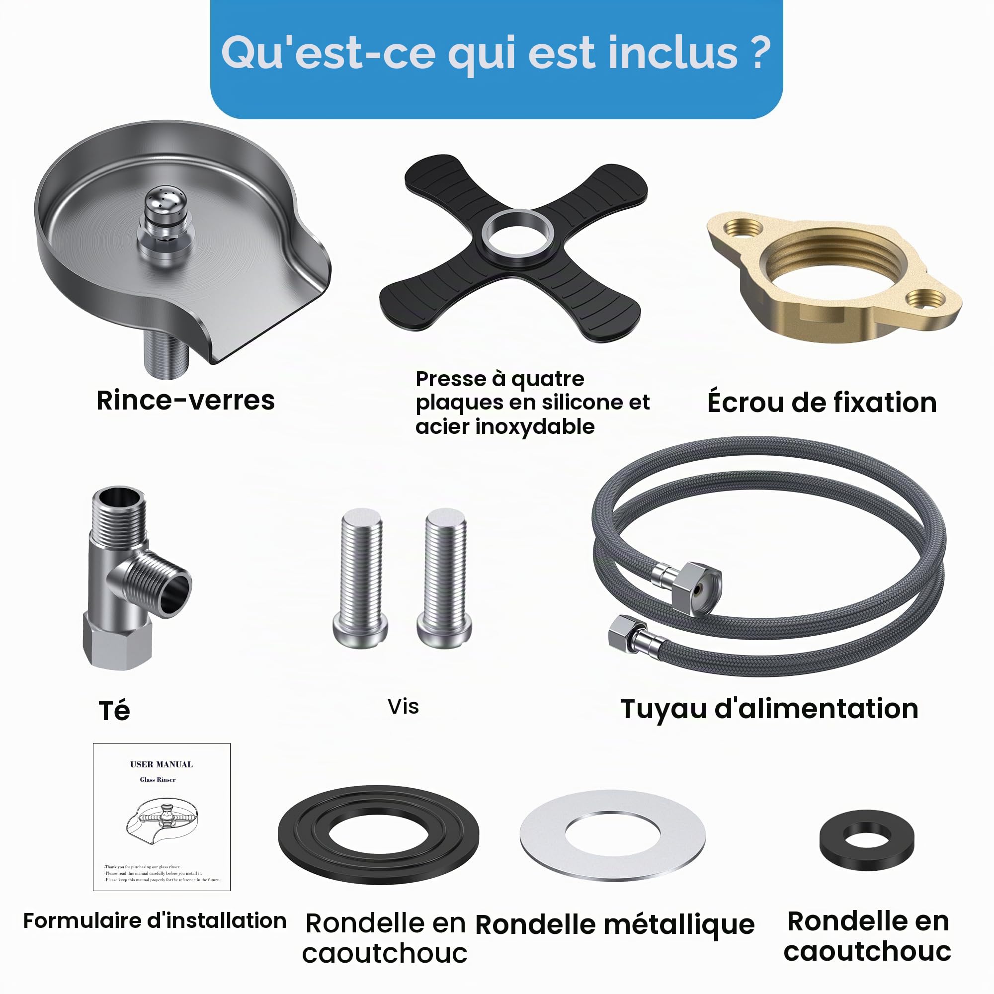 Rince-verre en acier inoxydable avec 13 sorties d'eau - Lave-bouteille pour évier de cuisine, Lave-verre en métal avec finition brossée, Installation facile à faire soi-même Nettoyage efficace