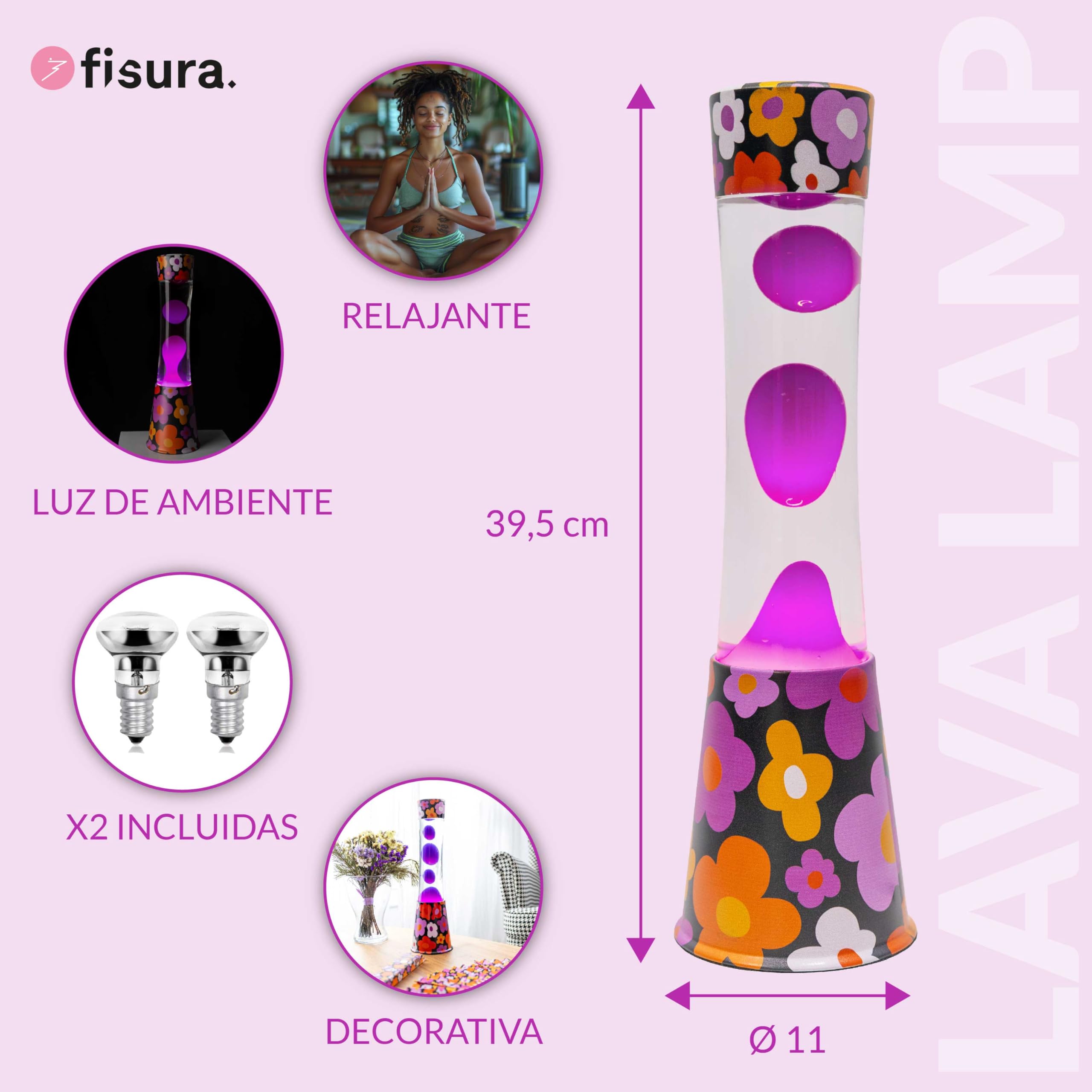 Fisura - Lámpara de lava “flores”. Base con estampado de flores, líquido transparente y lava rosa. Lámpara efecto relajante. Con bombilla de repuesto. 11 cm x 11cm x 39,5 cm.