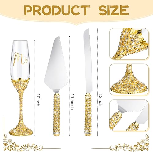 Miniatura 2 de Sratte Juego de 4 cuchillos para pastel de boda y copas de champán, copas de champán con diamantes de imitación de cristal para tostar, vasos,