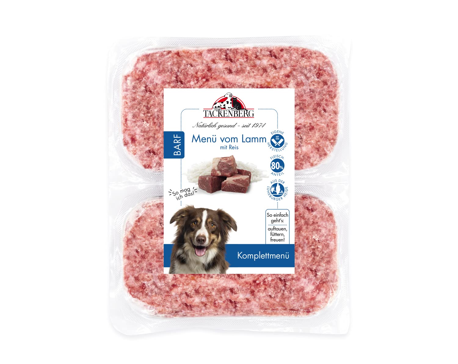 TACKENBERG Barf Menü mit Lammfleisch und Reis für Hunde - 14 x 500 g - leckeres Frostfleisch als Hundefutter in Premiumqualität - ohne Zuckerzusatz - Gefrierfutter
