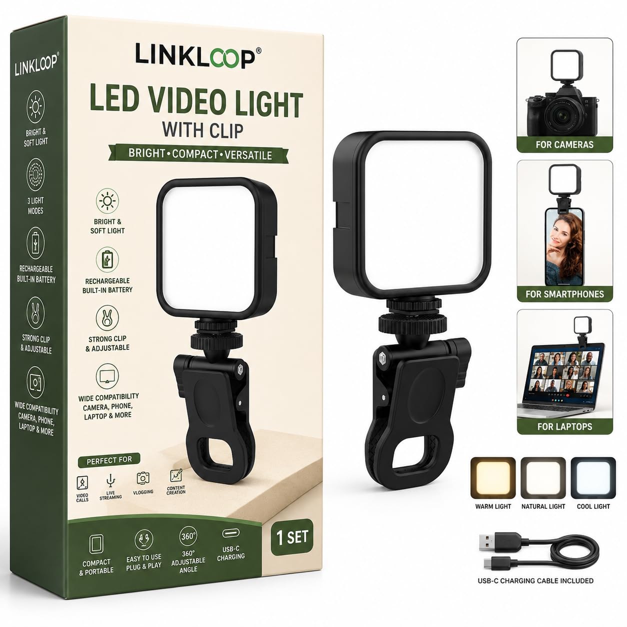 LED Video Light with Clip for Laptop, Camera and Phone - Rechargeable Dimmable 100 LED Beads Fill Light for Zoom Meeting, Photography, Selfie, Tripod and Vlogging Use