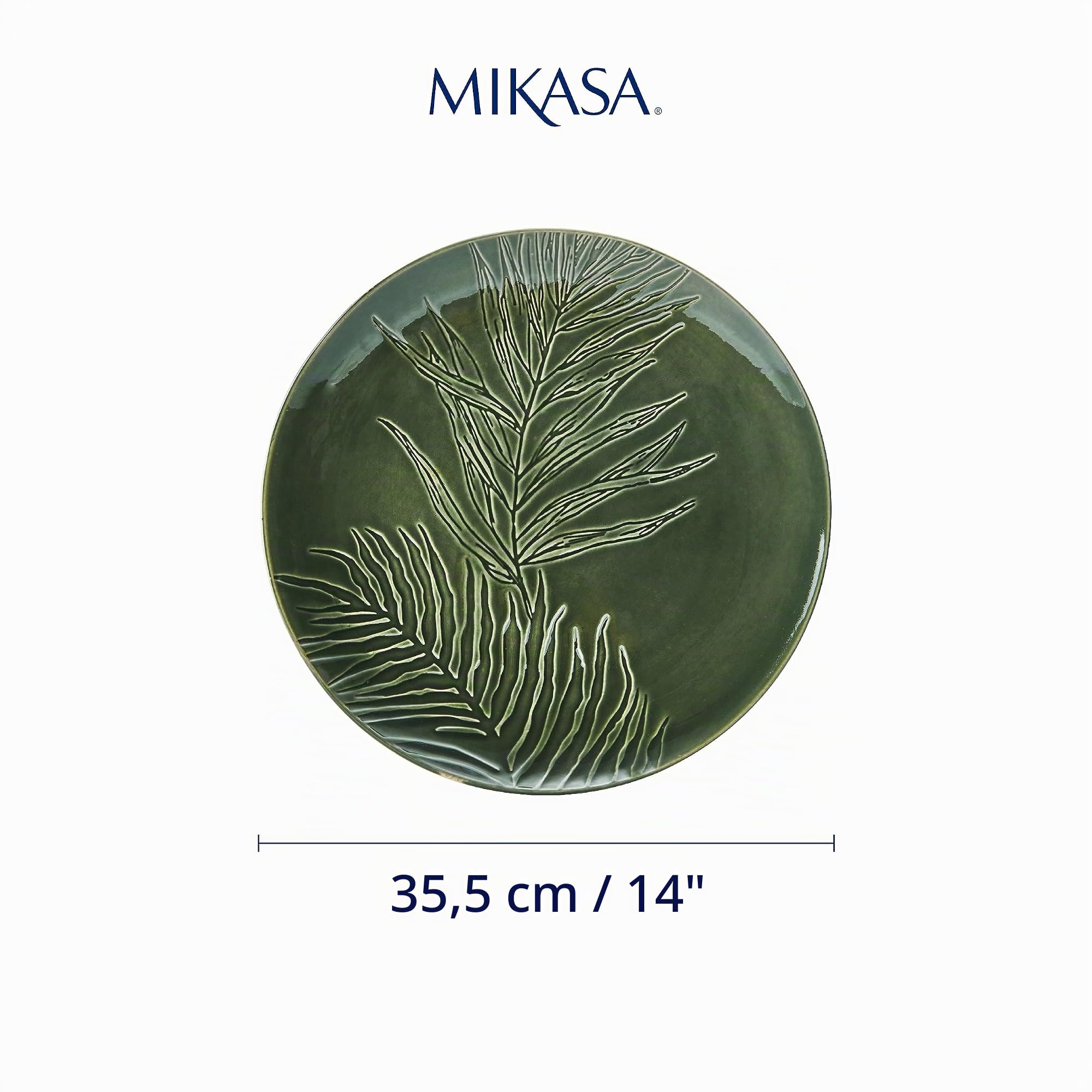 Mikasa Jardin Runder Servierteller, Grüner Steingut Servierteller für Lebensmittel, 35cm, Großer Servierteller für Vorspeisen & Antipasti - Geschenkkarton & spülmaschinenfest