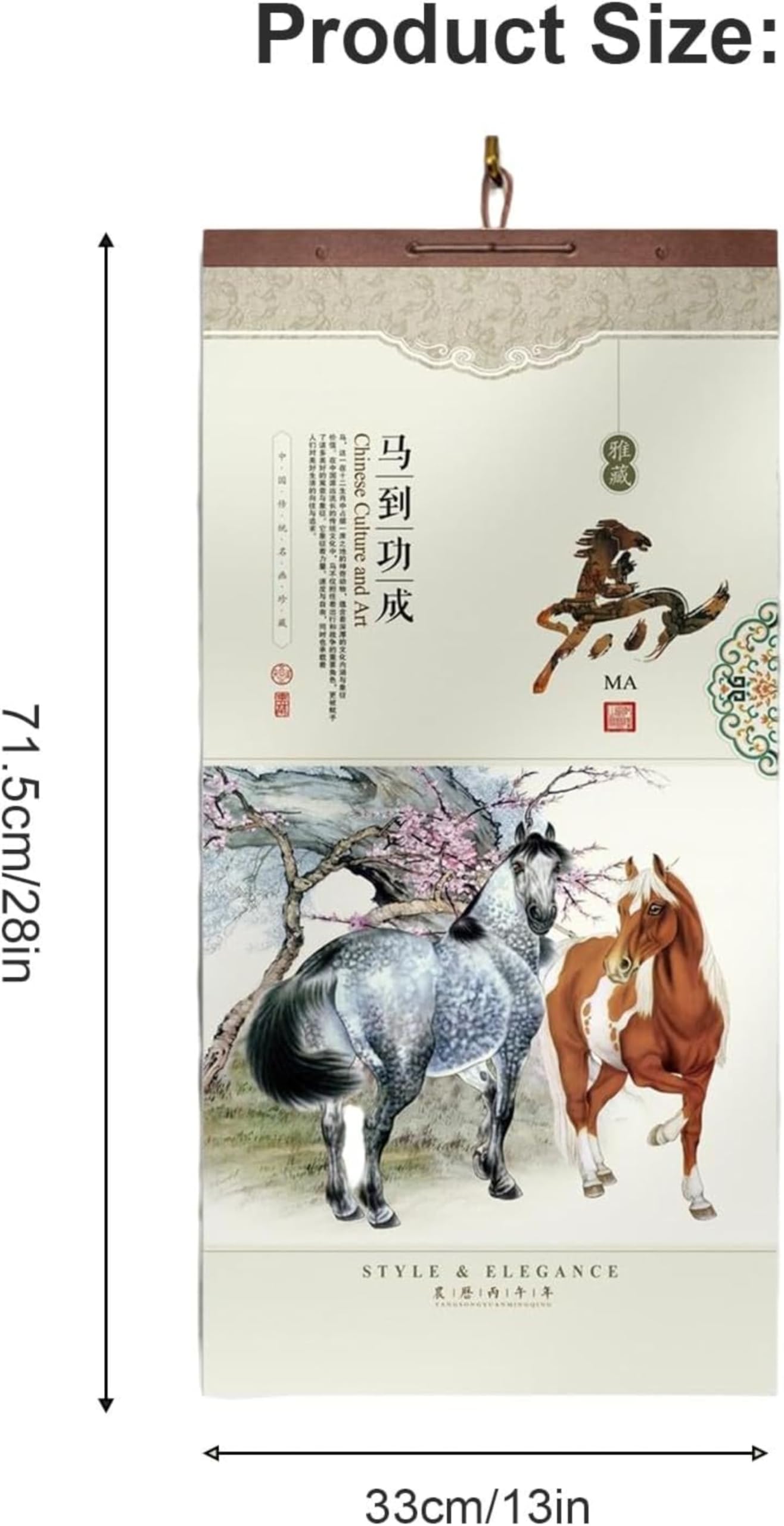 2026 rok koński chiński kalendarz ścienny, znak zodiakalny koń wiszący kalendarz, rok konia, kalendarz noworoczny, zwój, miesięczny planer do domowego biura (B)