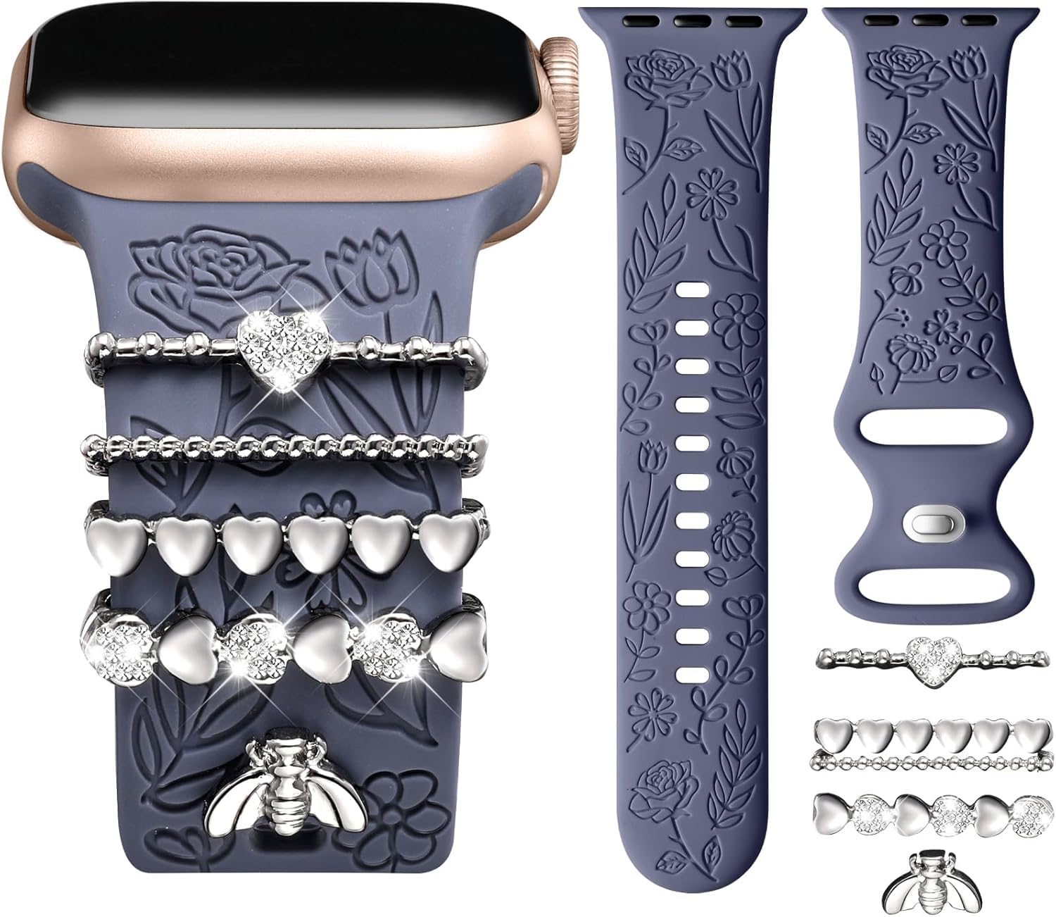 Compatible with Apple Watch Straps 40mm for Women 41mm 38mm 42mm[Series 10] Flower Engraved Silicone, Decorative Charms for iWatch Band SE Series 10 9 8 7 6 5 4 3 2 1 [WATCH NOT INCLUDED]-image-49