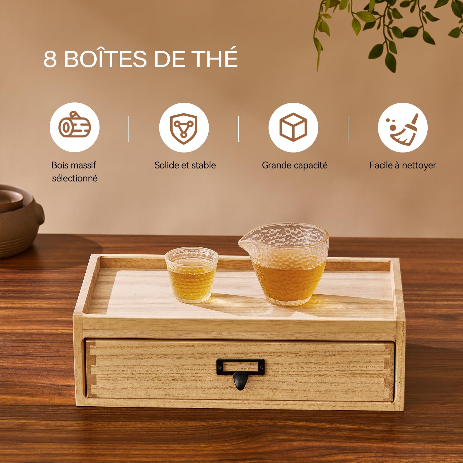 KIRIGEN Boîte à thé en bois massif avec tiroir - 8 compartiments - Boîte de rangement pour sachets de thé avec poignée en métal - Pour cuisine et bureau - Naturel