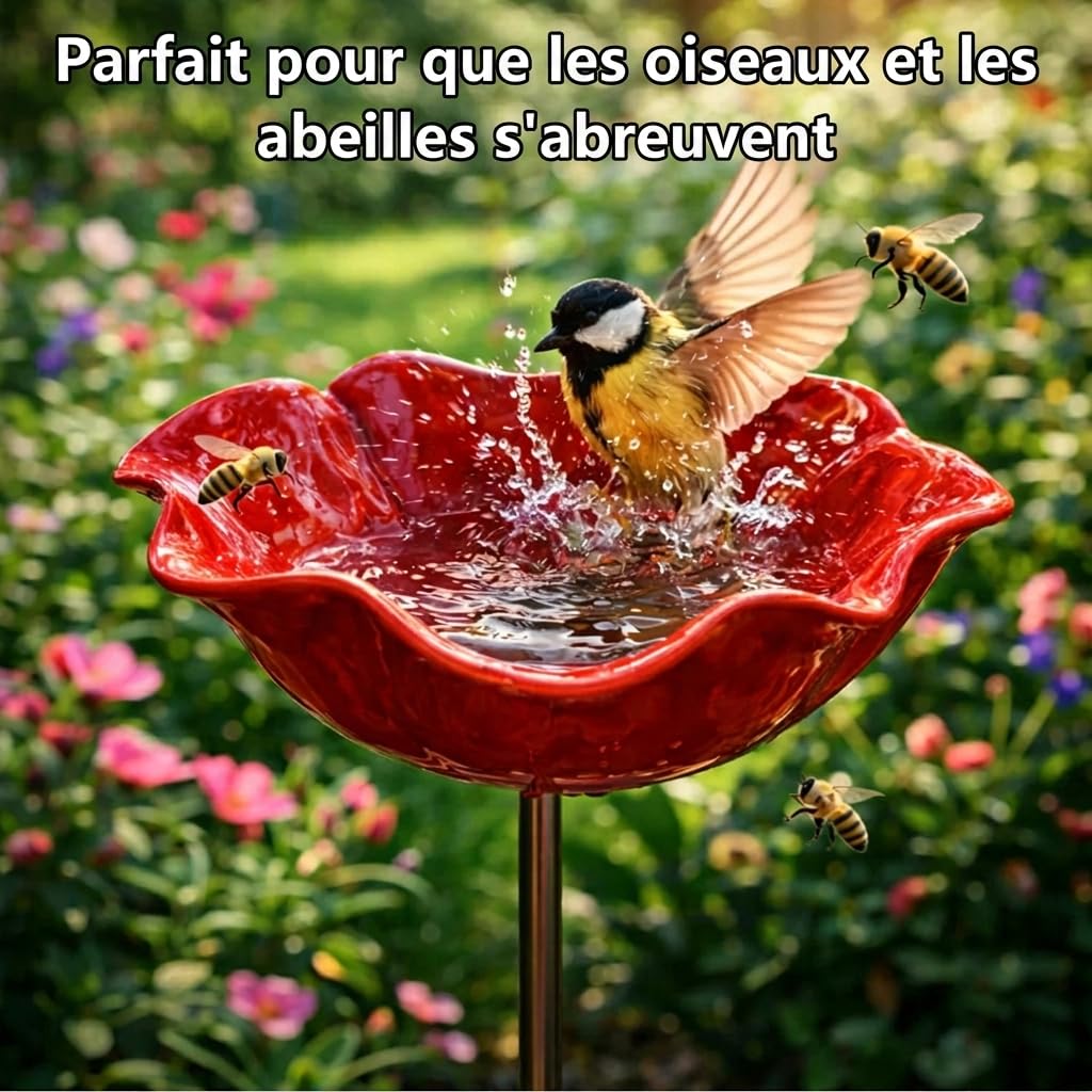Fleur Métallique sur Poteau, Bac à Oiseaux, Décoration Jardin Extérieur