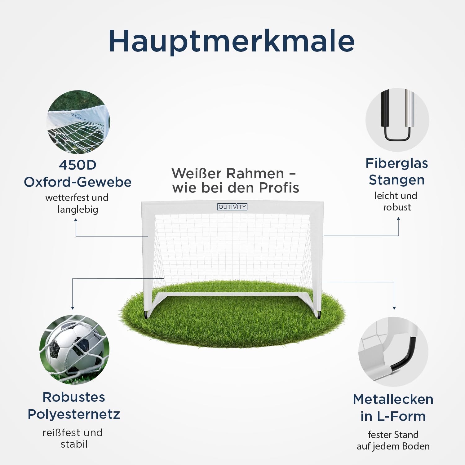 Fußballtor für Kinder 2er Set weiß, ohne Stolperfalle, je 120x90cm, inkl. 8+2 Heringen und Tragetasche, pop-up Fussballtore für Garten Kinder