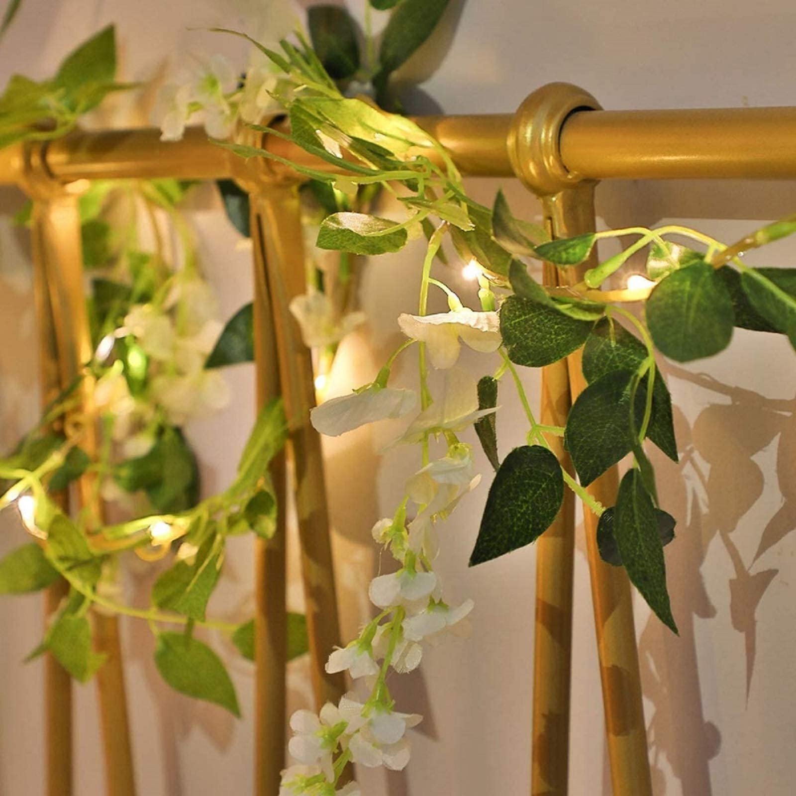 YOLIGHT Artificial Wisteria Flower Garland Rattan String Lights 20 LED Fairy Vine Light Battery Powered Indoor Outdoor Decor Wreath Lamp(White Wisteria, 6.56FT/20LED)