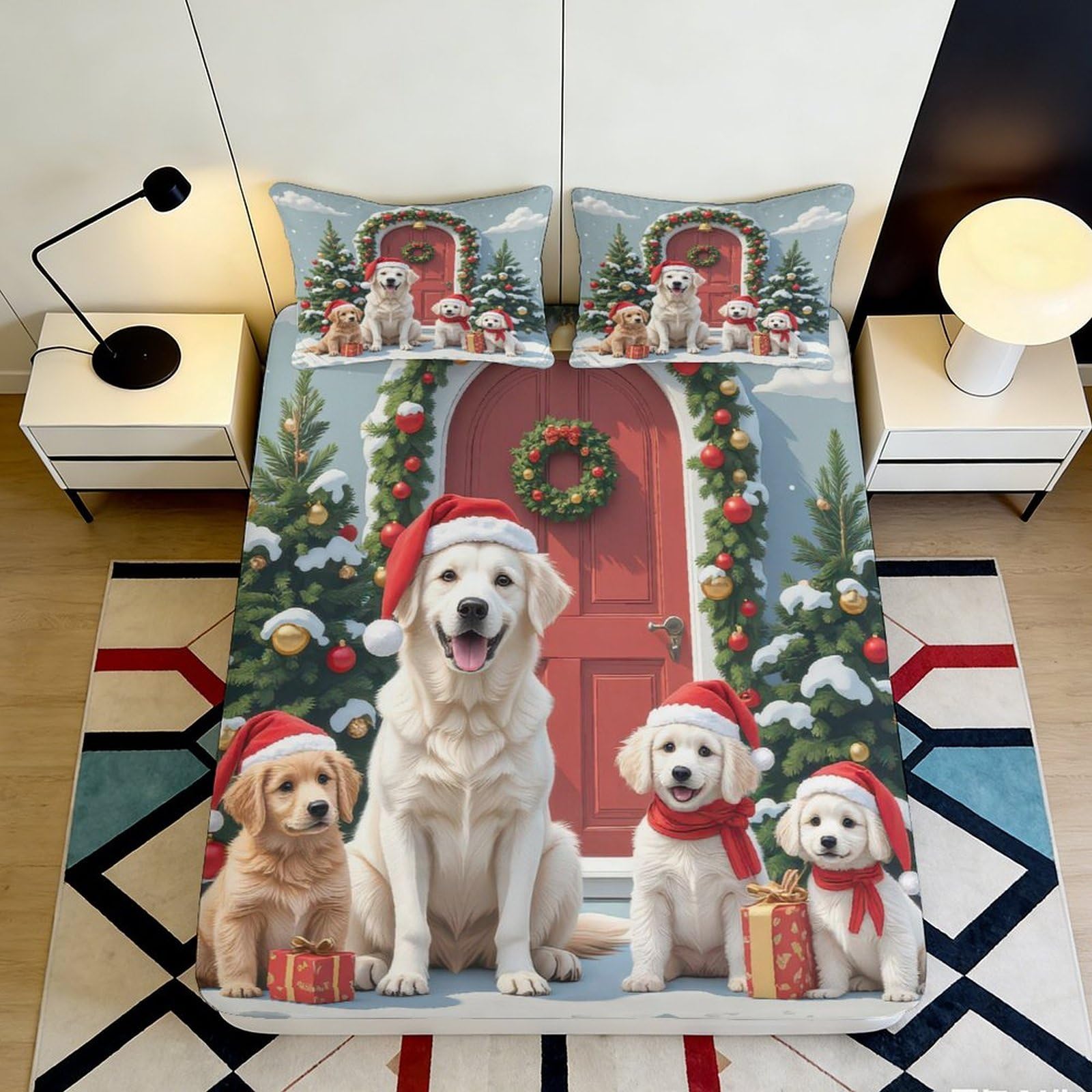 3D Printed Christmas Golden Retriever Fitted Sheet Microfiber Soft Dog Bed Cover for Bedroom Guest Room Decor 90x200x25cm