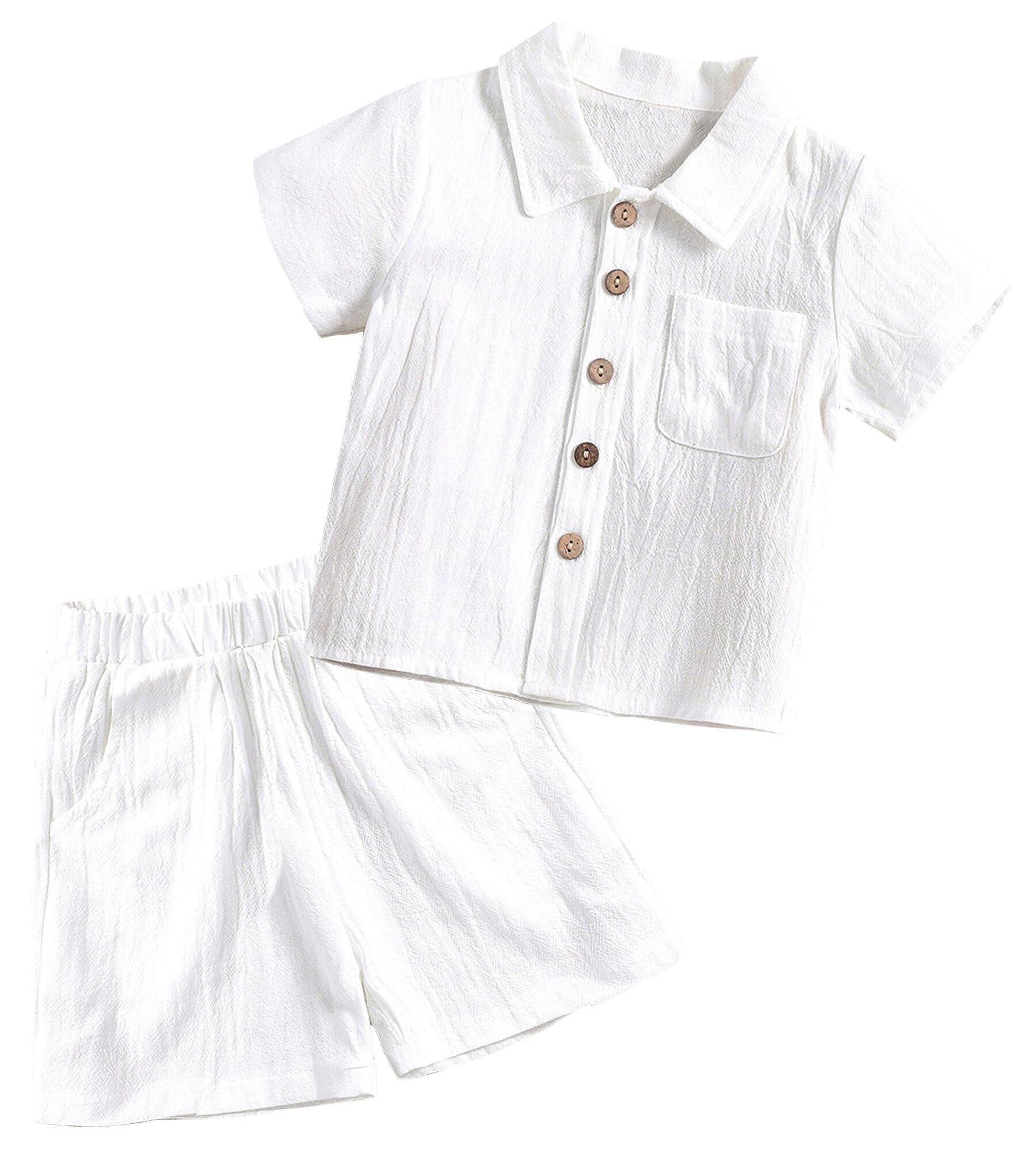 Happy Cherry Conjunto de Lino Bebé Recién Nacidos Ropa de Algodón Niño Traje Verano Infantil Juego de 2 Piezas Color Sólido Camisas Manga Corta Pantalones Cortos - 6 Meses - 4 Años