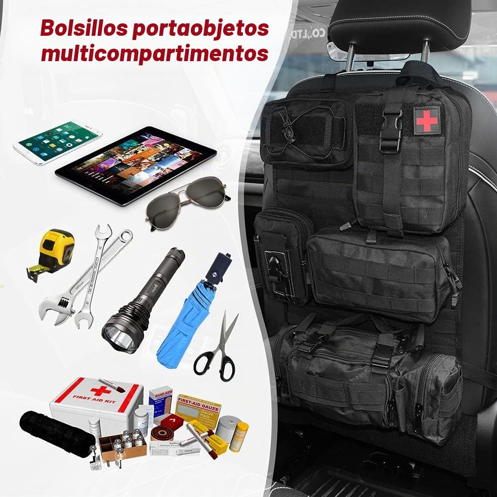 Organizador táctico Refein para asiento de coche, protección para el respaldo con 5 bolsillos de muelles removibles para acampar, organizador impermeable para asiento trasero de camioneta Ford Jeep