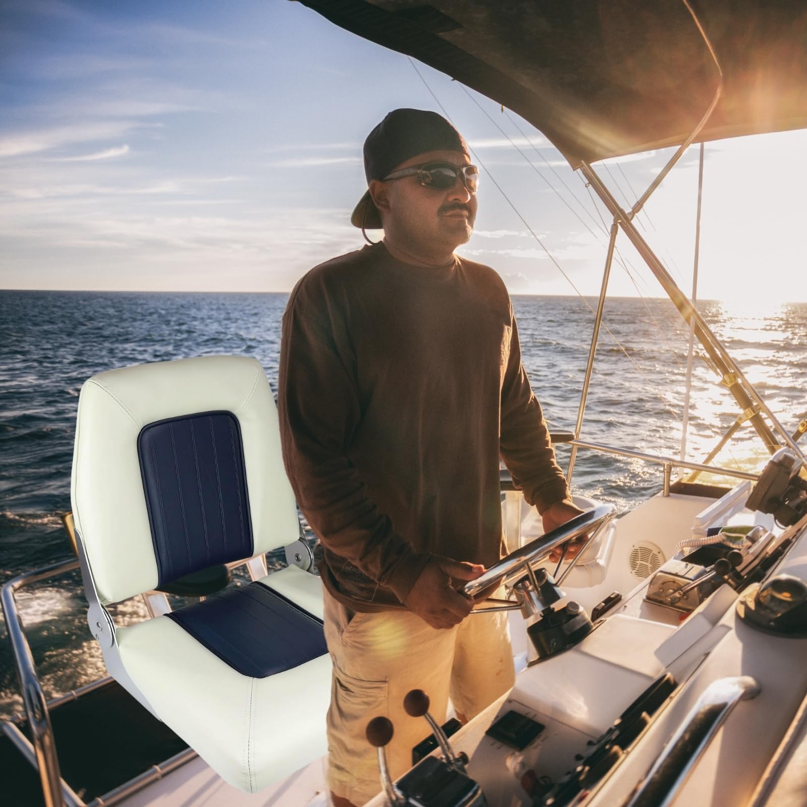 ALLPA Siège de bateau pliant Coach Premium | Chaise résistante aux intempéries et imperméable pour bateaux et pêcheurs - Blanc bleu